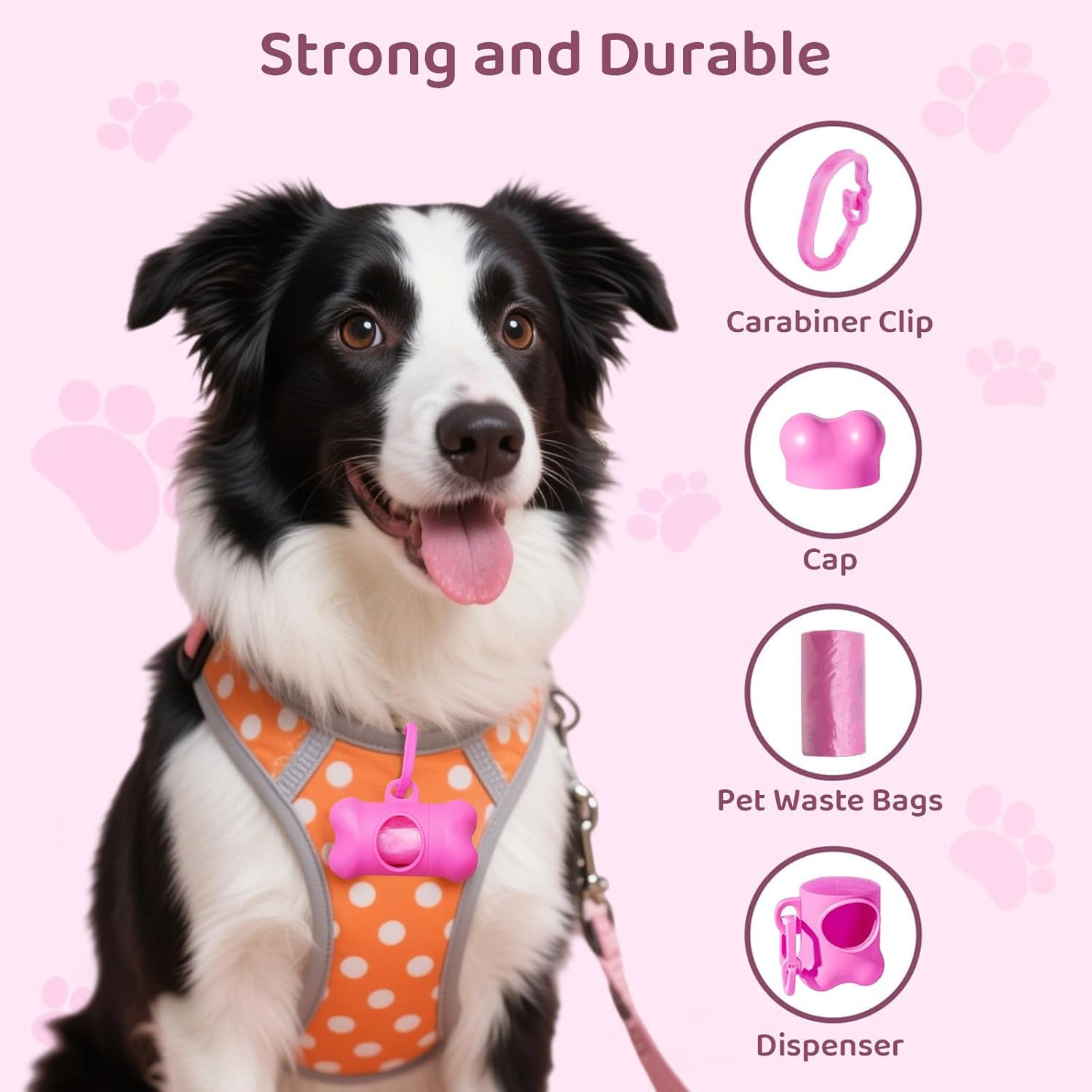 Dog Waste Bag Dispenser with Carabiner Clip - Leak-Proof Portable Poop Bag Holder for Dog Leashes, Includes 1 Roll - Pet Waste Disposal Accessories (Pink) image number 4