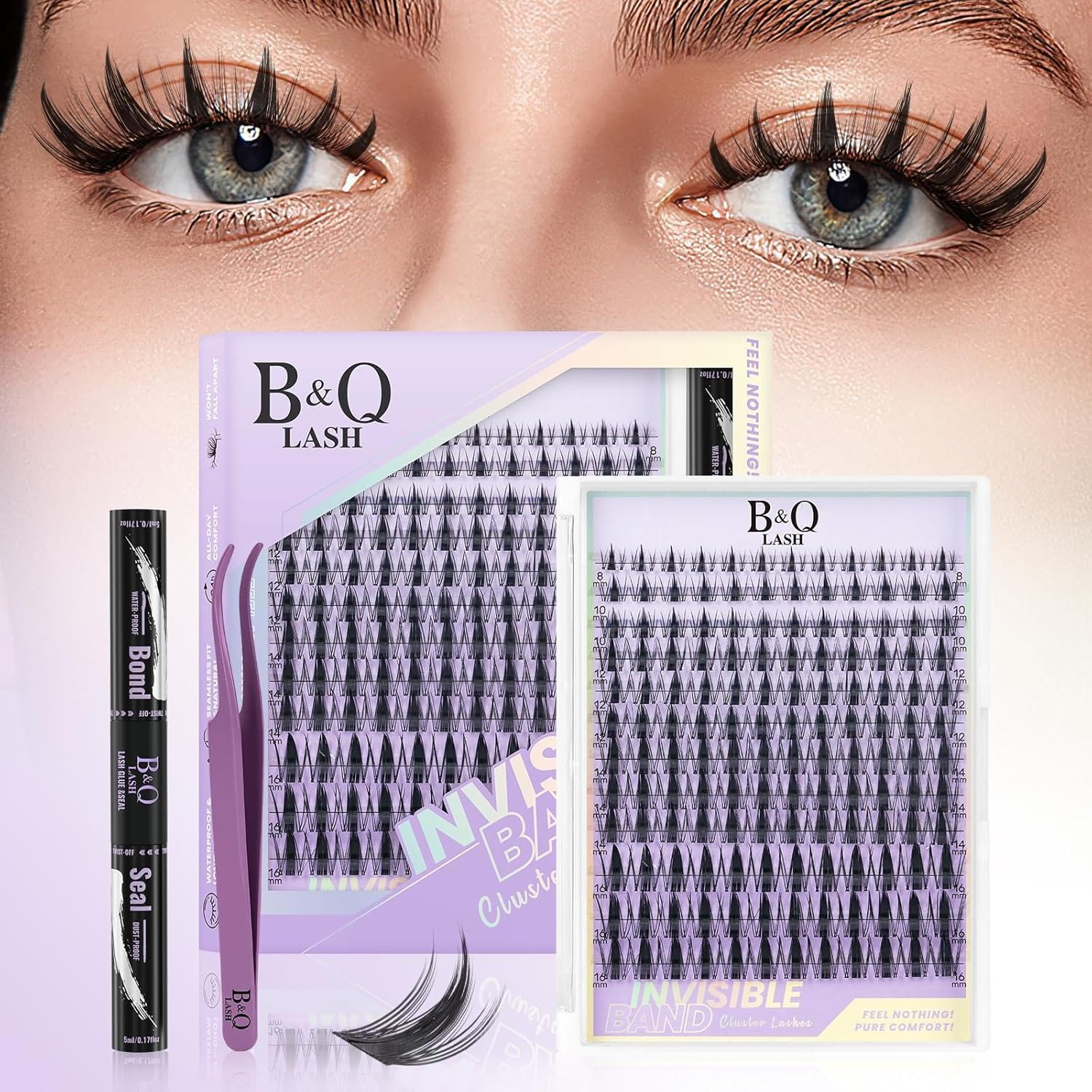 B&QLASH Fairy Lash Clusters Kit 8-18 MIX Natural Lashes Clusters Manga Lashes Invisible Band 144 Pcs Eyelash Extension Set with Lash Bond and Seal&Tweezer (Set-Fairy) - 70+90D image number 5
