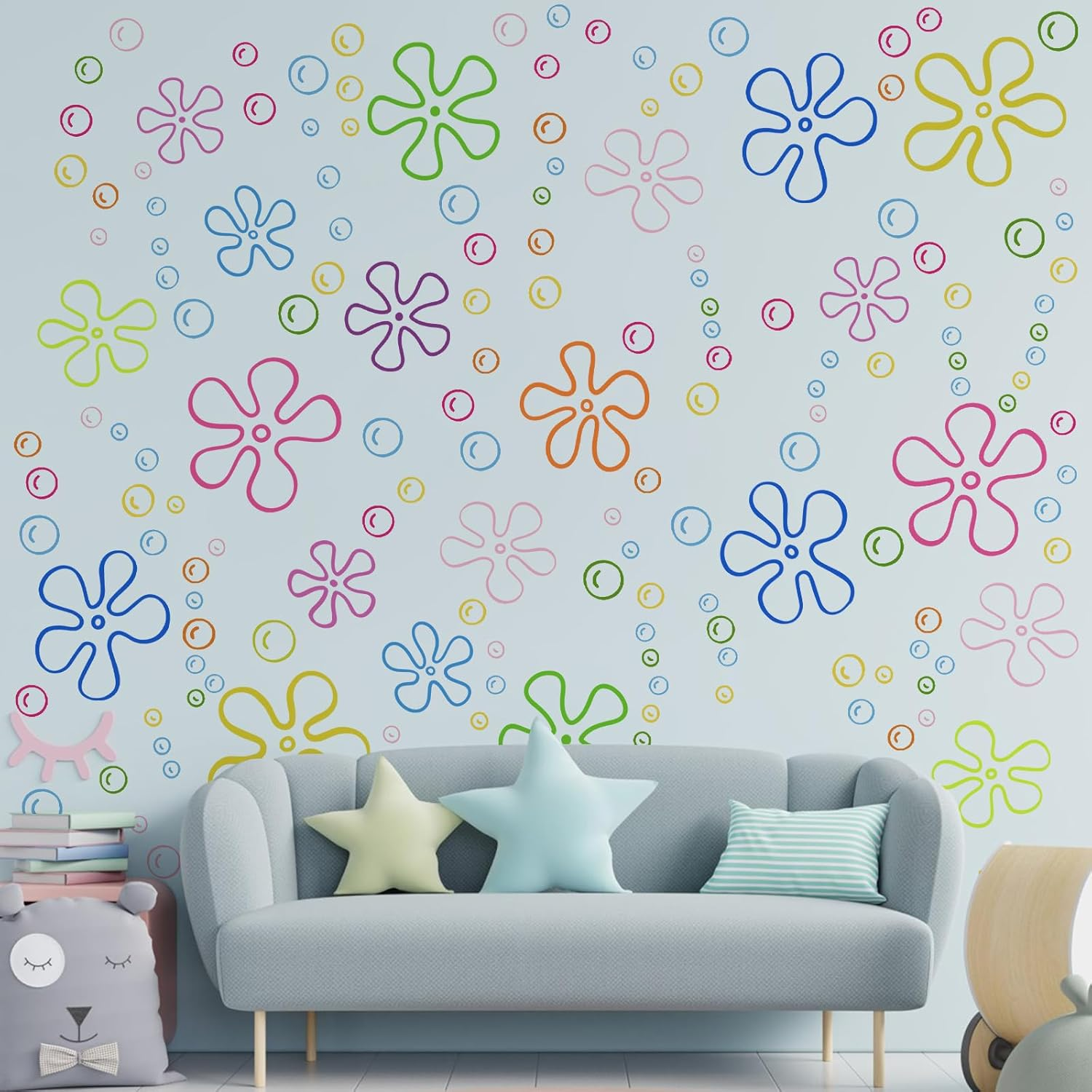 Untilplan 48 Pcs Flowers Wall Decal Boho Wall Decals Vinyl Wall Lemon Stickers Cute Girls Groovy Floral Stickers for Baby Kids Bedroom Bathroom Living Room Home Decoration-Lemo