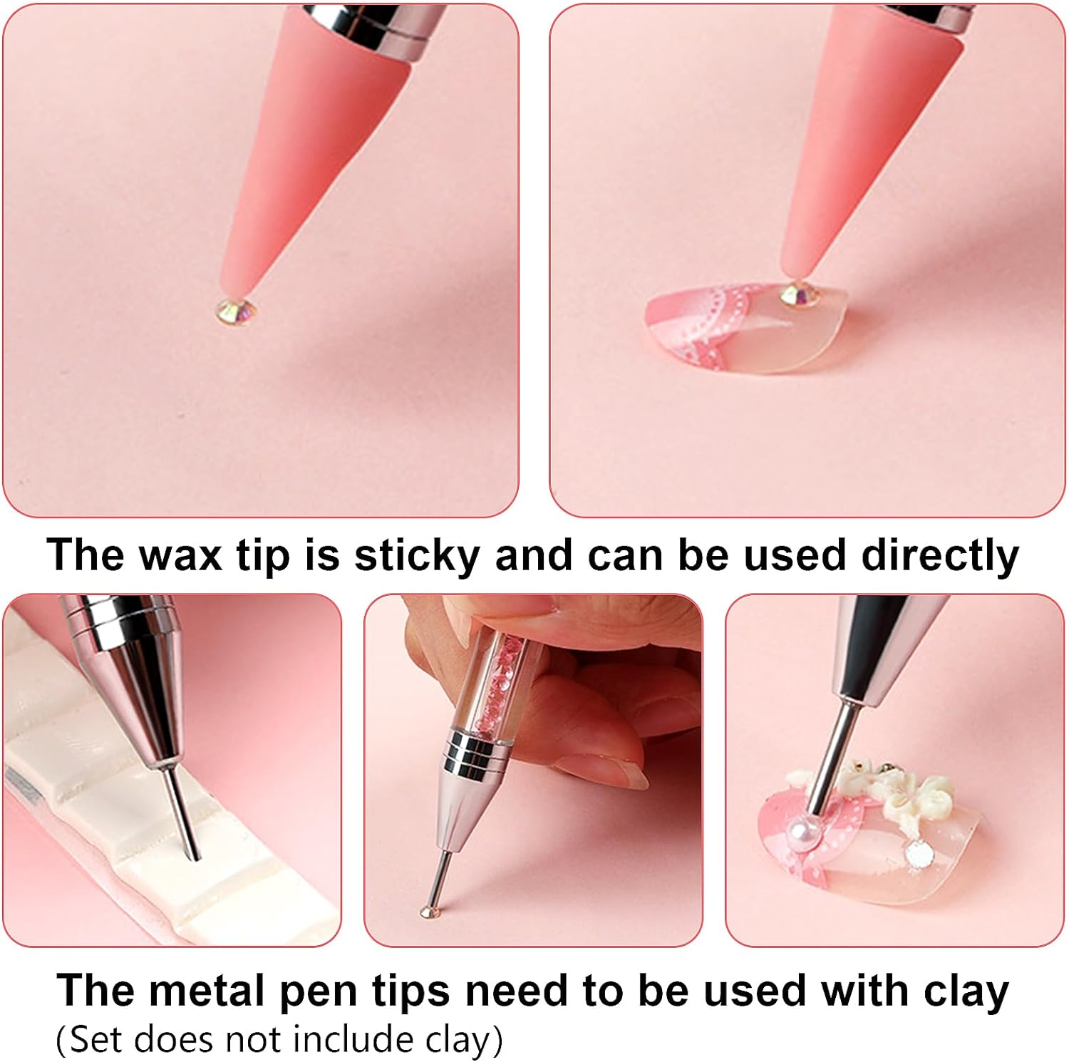 Erinde 2PCS Dual-End Rhinestone Picker Tool, Acrylic Handle Wax Pencil for Rhinestones, Dual-Ended Diamond Painting Dotting Pen DIY Nail Art Tool with 2 Extra Wax Tips, White & Pink image number 3