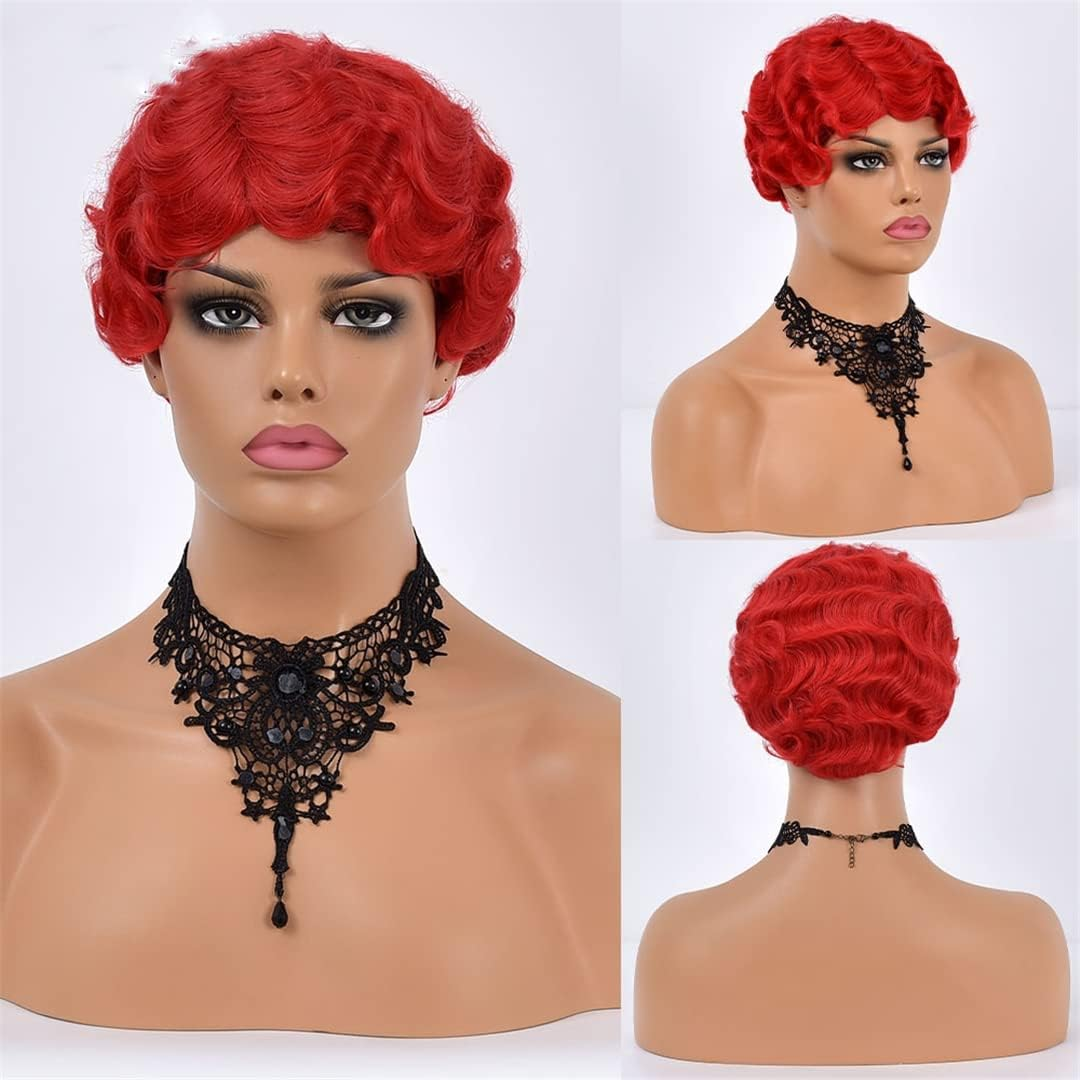 Orange Short Finger Wave Wig Vintage Synthetic Wigs for Black Women 6Inch Retro Curly Cosplay Halloween Party Hair TB107-2