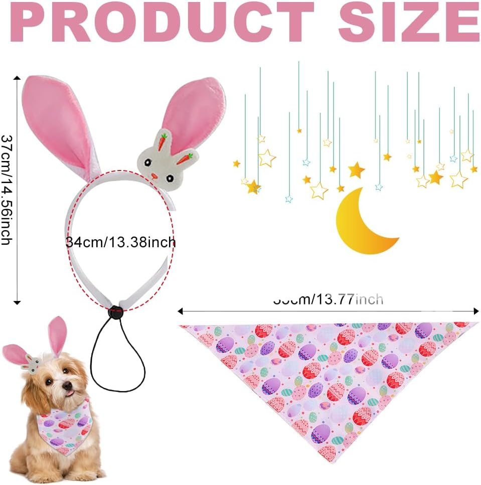 Durdiiy Dog Ear Headband+Easter Dog Bandanas, Cute Bunny/Carrot Ear Hairband+Easter Egg Pattern Easter Dog Scarf Triangle Bibs Pet Kerchief Bandana,Easter Party Puppy Headwear Supplies for Dog Cat (B) image number 5