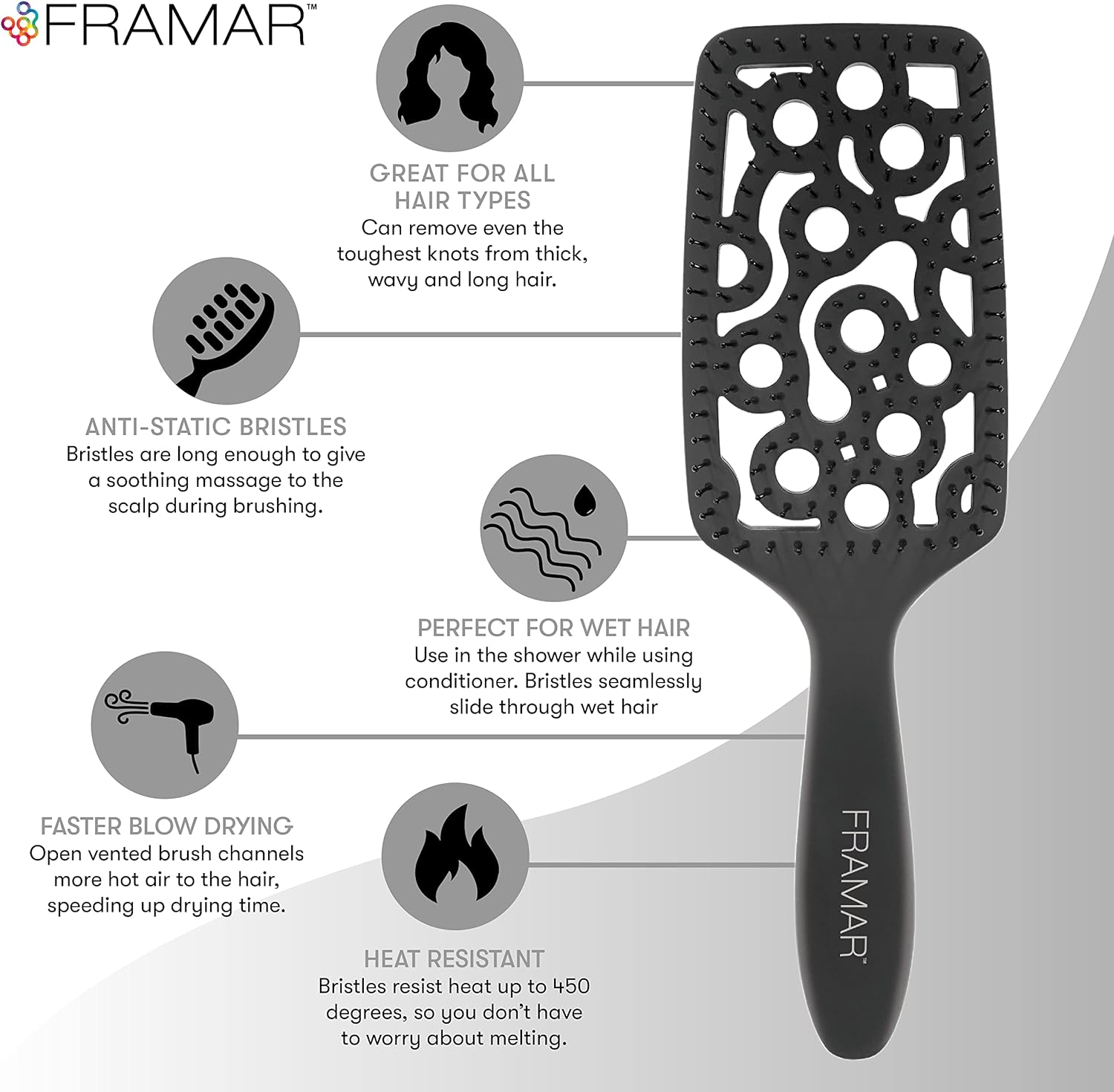 FRAMAR Professional Vented Hair Brush Paddle Curved Hair Brush for Blow Drying, Wet Paddle Brush for Women Blow Drying image number 3