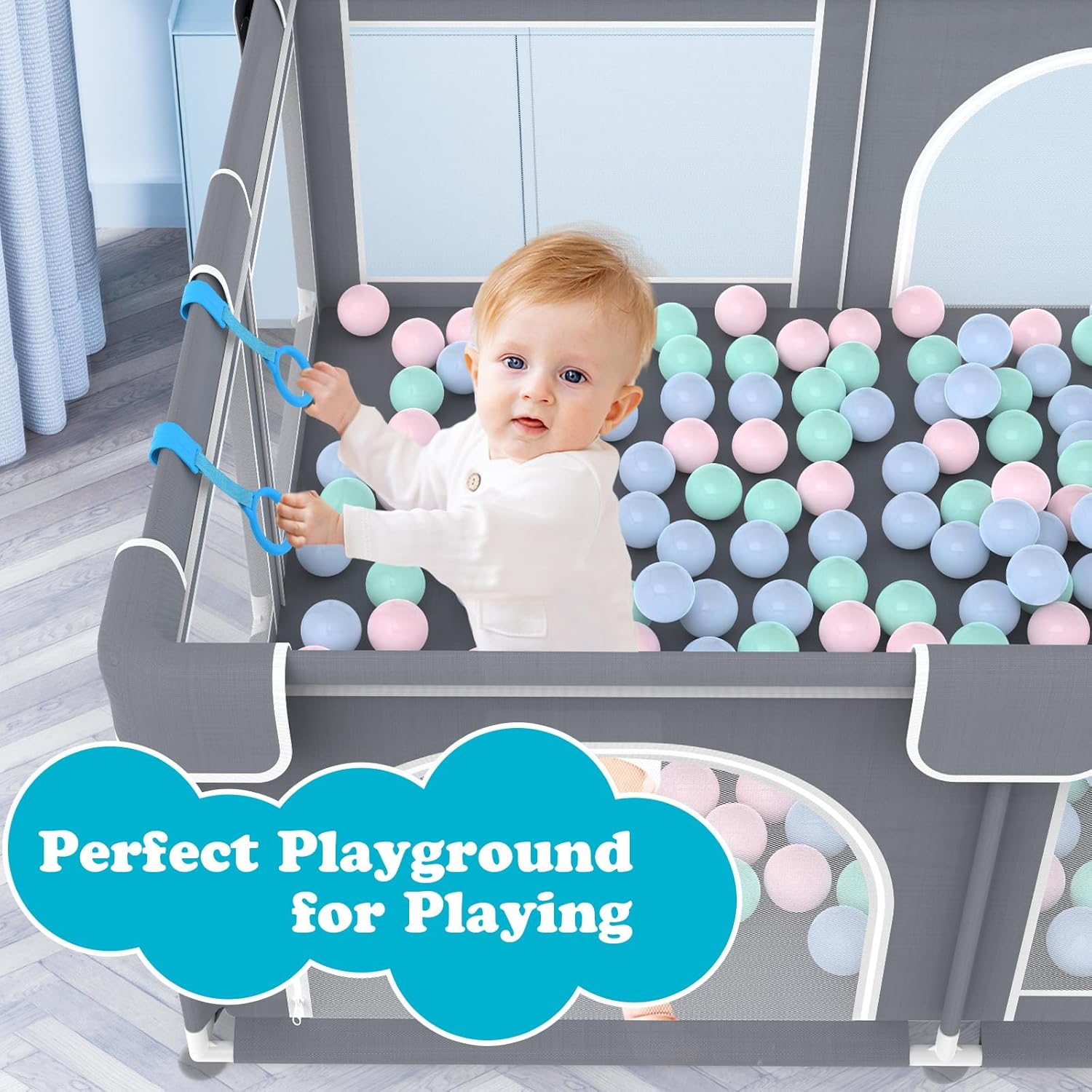 Advwin Baby Playpen 185 &times; 155Cm,Large Playpen for Toddlers,Sturdy Playpen with Soft Breathable Mesh,50 Ocean Ball and Pull Tabs,Non-Slip Base,Indoor & Outdoor Kids Activity for Infant Safety(Gray) image number 1