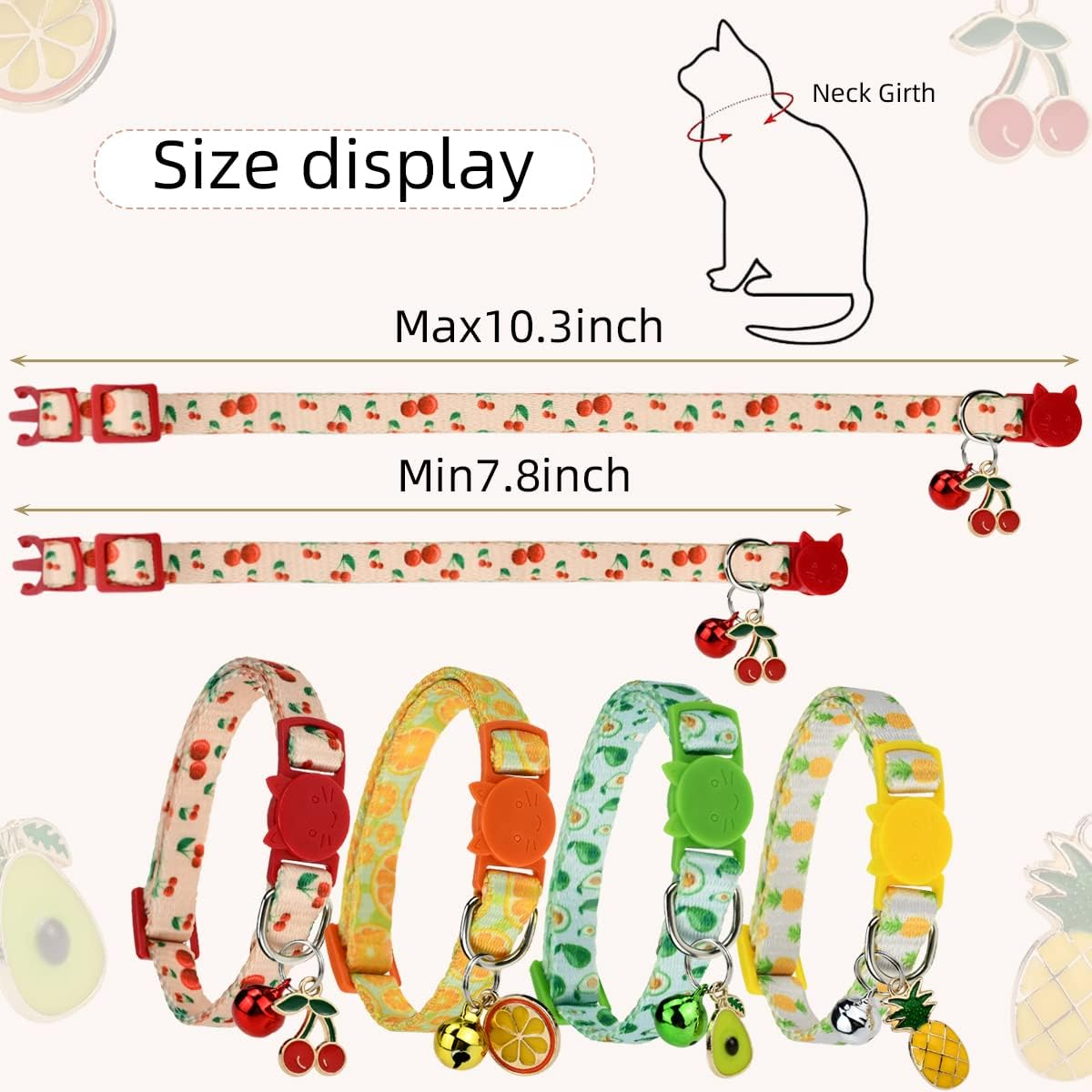 Cooshou 4Pcs Breakaway Cat Collars with Bells Kitten Collar Breakaway Friut Plaid Collar with Pineapple, Cherry, Lemon, Avocado Adjustable Collars for Female Girl Cats Male Boy Cats image number 3