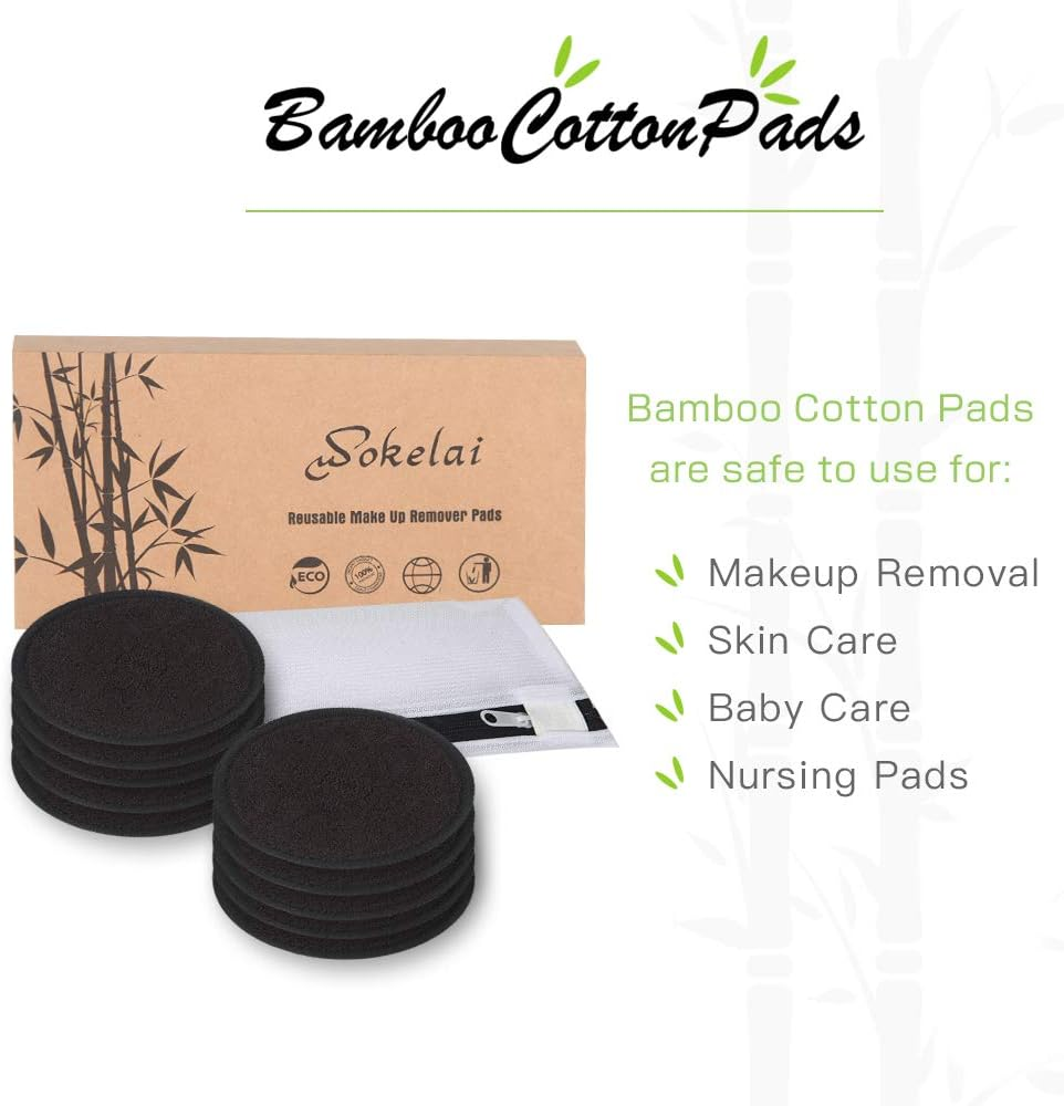 Reusable Makeup Remover Pads 10 Pcs 2-Layer 3.15 Inch Black Washable Eco-Friendly Natural Organic Bamboo Cotton round Pads with Laundry Bag Soft Facial Cleansing Cloths Toner Pads Towel Wipe for Face
