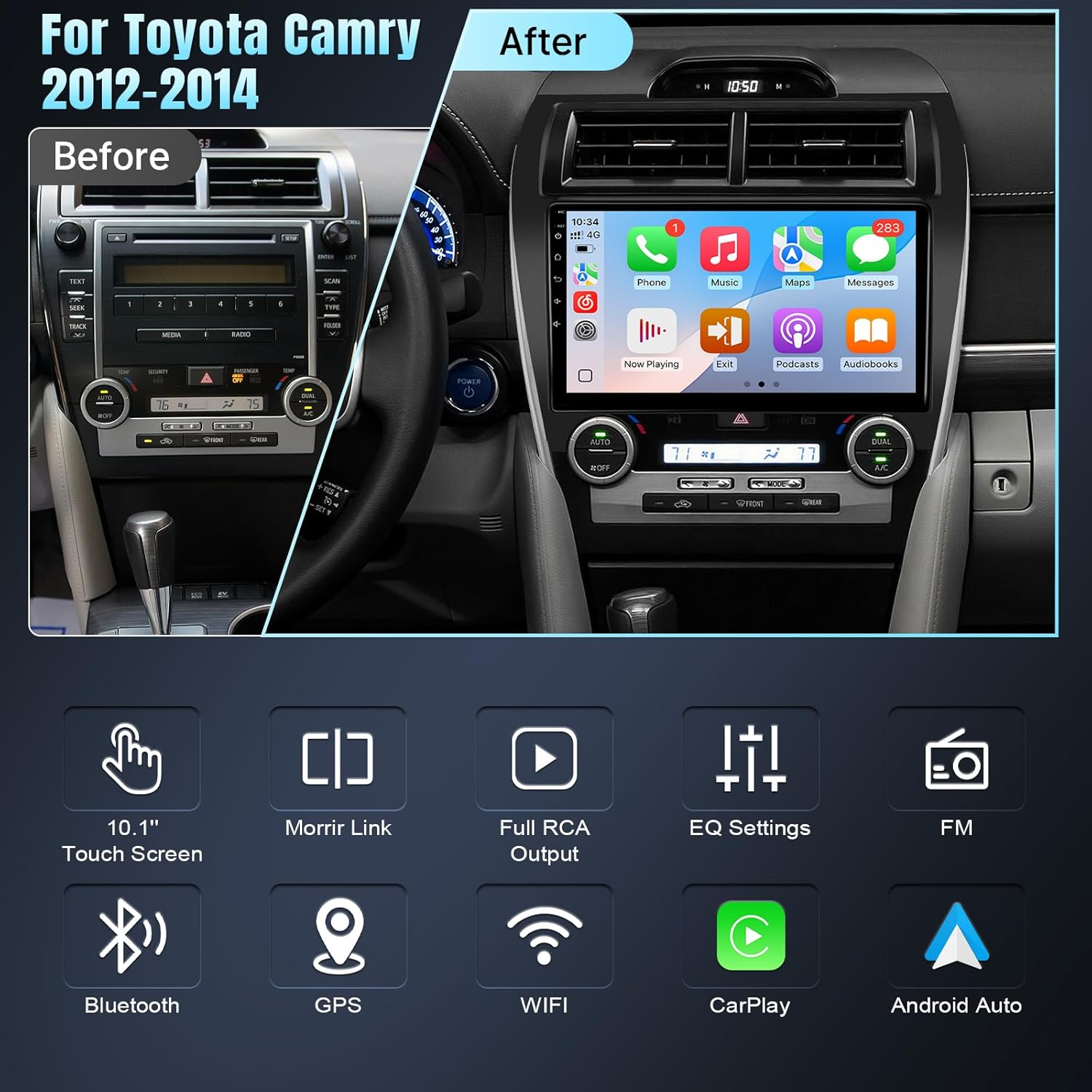 Android Car Stereo Radio for Toyota Camry 2012 2013 2014 (Not for J.B.L Version) Upgrade, 10.1'' Screen Head Unit with Wireless Carplay Android Auto Bluetooth GPS Backup Camera image number 5
