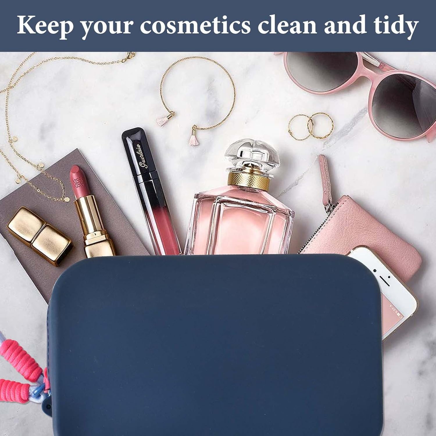 Waterproof Silicone Cosmetic Bag, Pack of 2 Make up Bag with Handle, Silicone Bag, Travel Bag, Portable Travel Bottles, Cosmetic Makeup Brush Storage, Light Blue, Dark Blue, Flexible - Orange, Pink image number 3