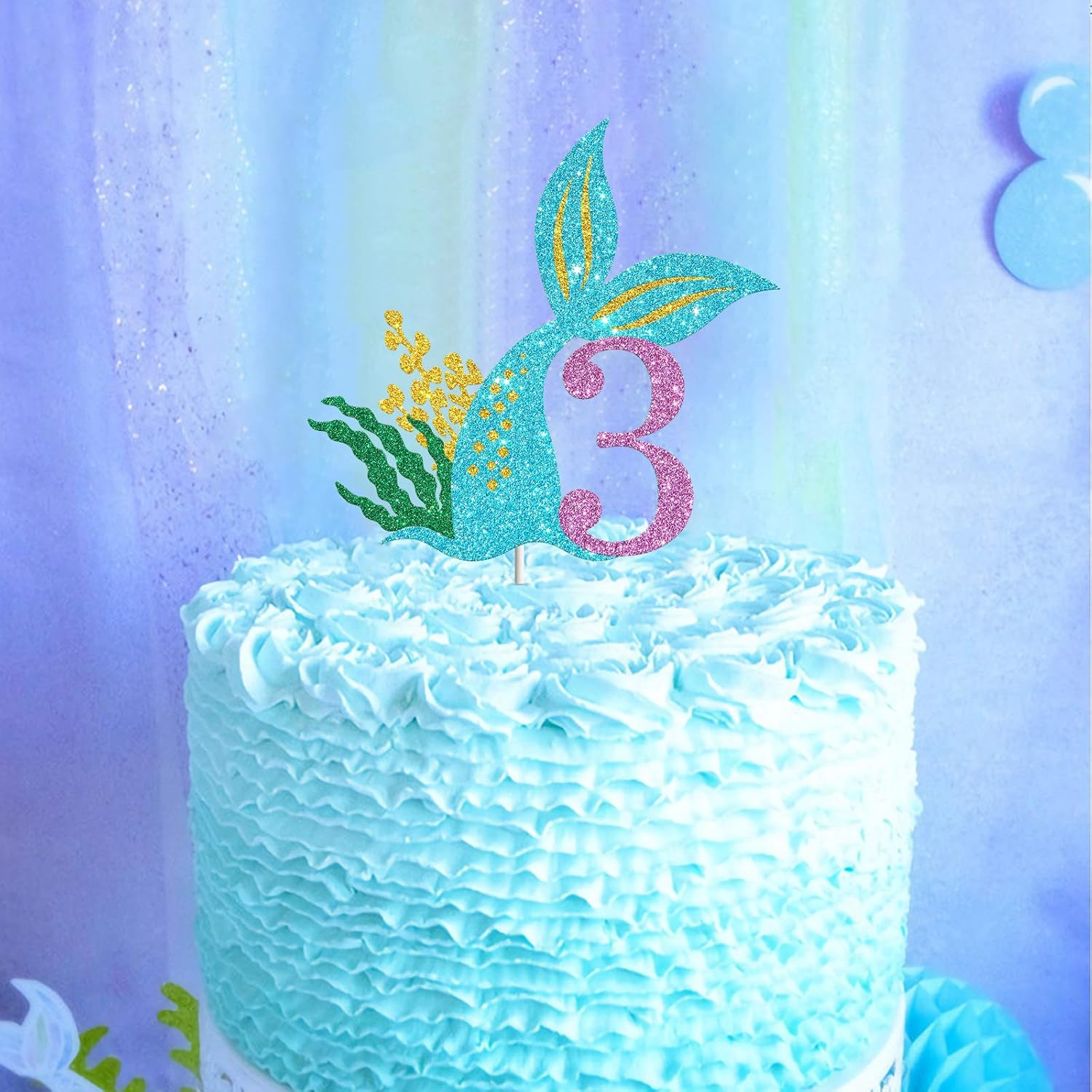 Mermaid Three Cake Topper, Happy 3Rd Birthday Cake Decor, I'M Three Sign, Little Mermaid Birthday Party Decoration Supplies, Daughter of the Sea, under the Sea Themed, Ocean Themed - Glitter