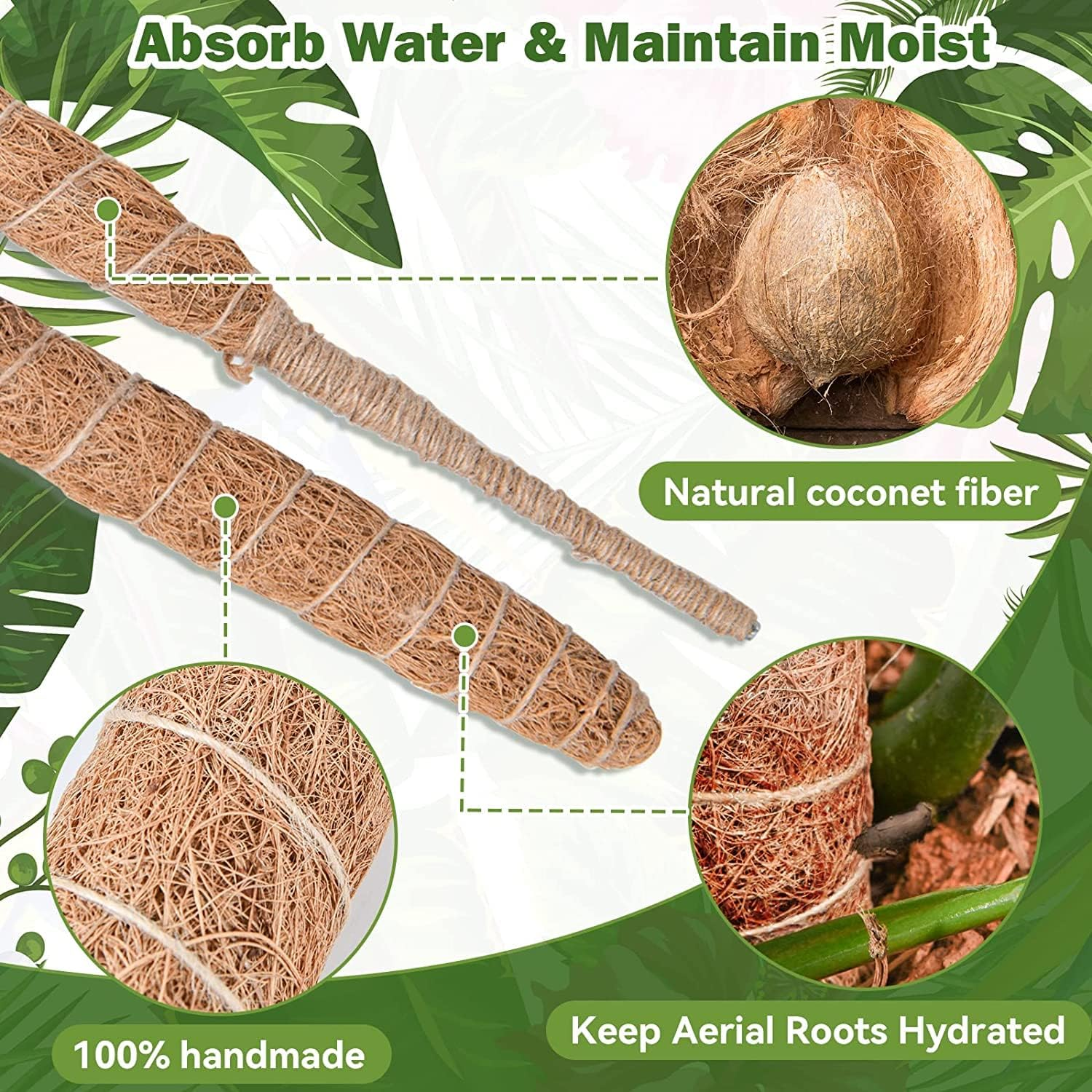 Moss Pole for Plants Monstera, 2PCS 25'' Bendable Plant Sticks Support, Plant Stakes for Indoor Plants, Coco Coir Pole Plant Support, Monstera Moss Pole for Climbing Plants Growth (25" * 2Pcs) image number 2