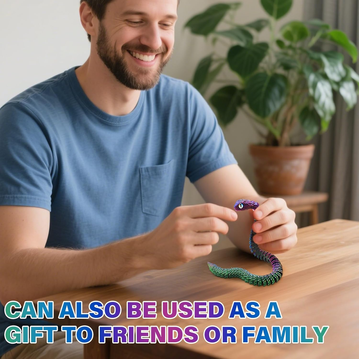 TEAONE 3D Snake Toy, 3D Printed Animal for Desktop Decor, Birthday Gift, Loot Bag Fillers (Dazzling Color, Length 30Cm/11.81In)