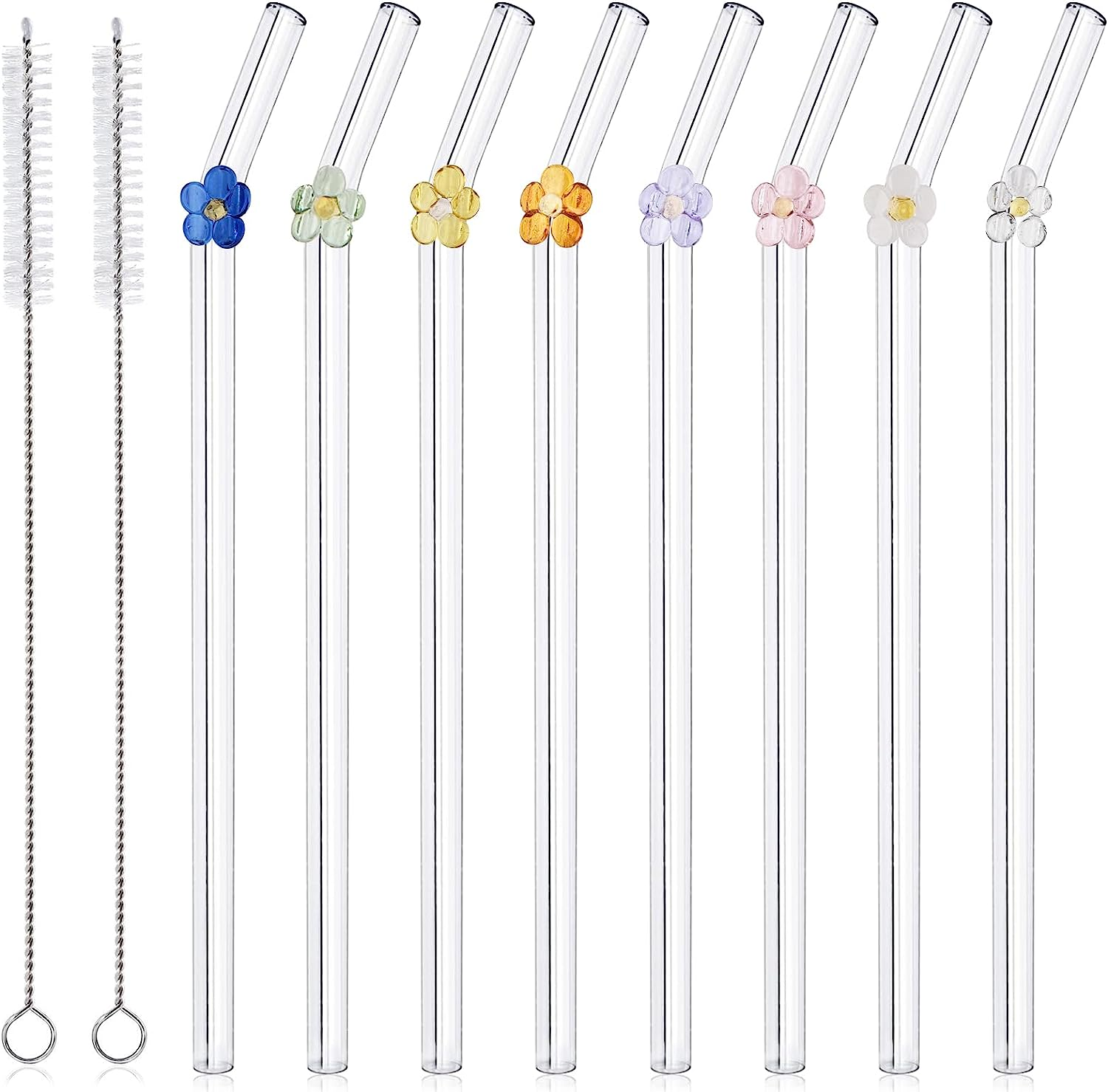 8Pcs Reusable Drinking Straws, Flower Glass Straws, Food Grade Reusable Straw with 2Pcs Cleaner Brush, Cute Clear Glass Straws with Design for Drinking Smoothies, Juices, Shakes, Cocktails