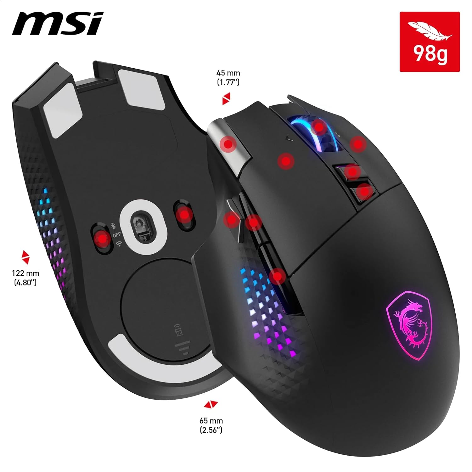 MSI Versa PRO Wireless + Mouse Dock PRO Gaming Mouse - Charging Dock, 26000 DPI Optical Sensor, Right Handed Use, 70 Million Clicks, 80 Hours Battery Life, 97 G - Wired/Wireless image number 4