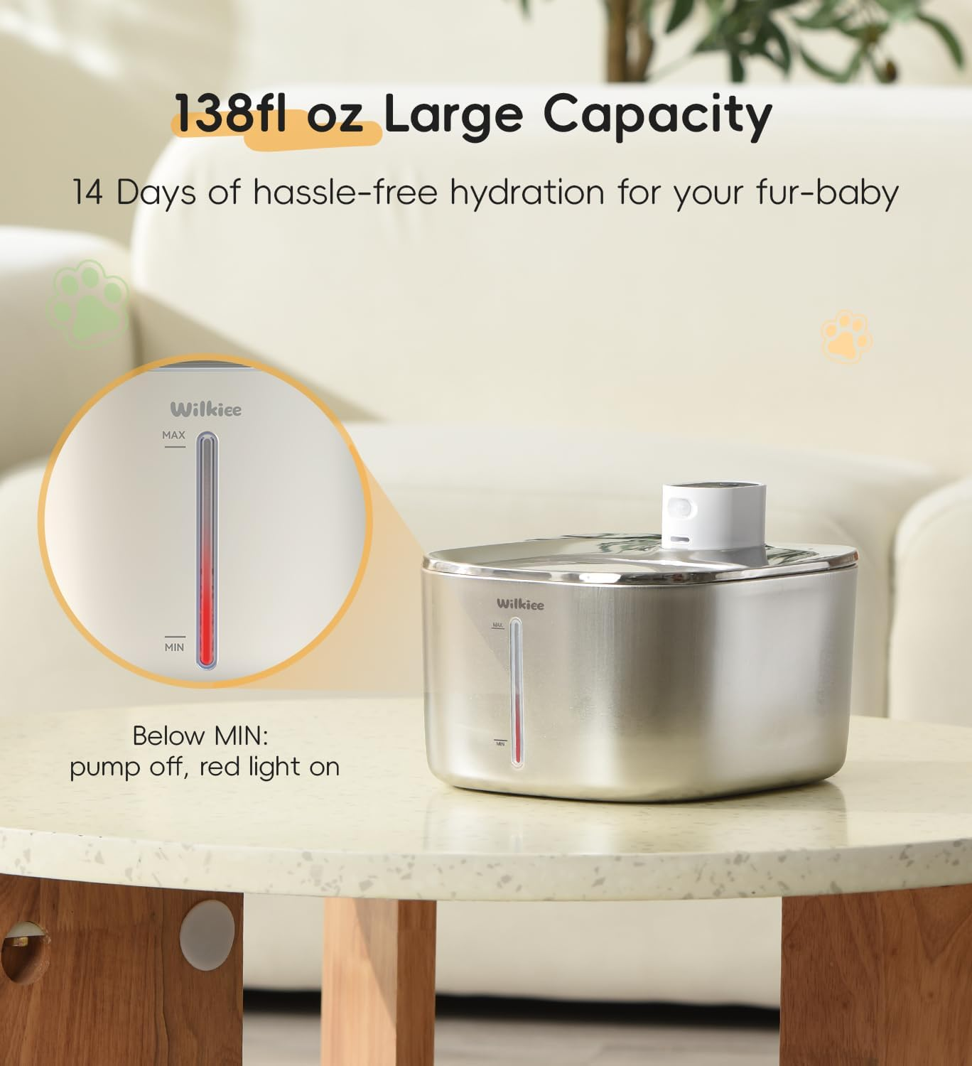 Cat Water Fountain Stainless Steel, 138Fl.Oz / 4.1L Wireless Cat Fountain, Pet Water Fountain Cordless for Cats & Dogs Indoor