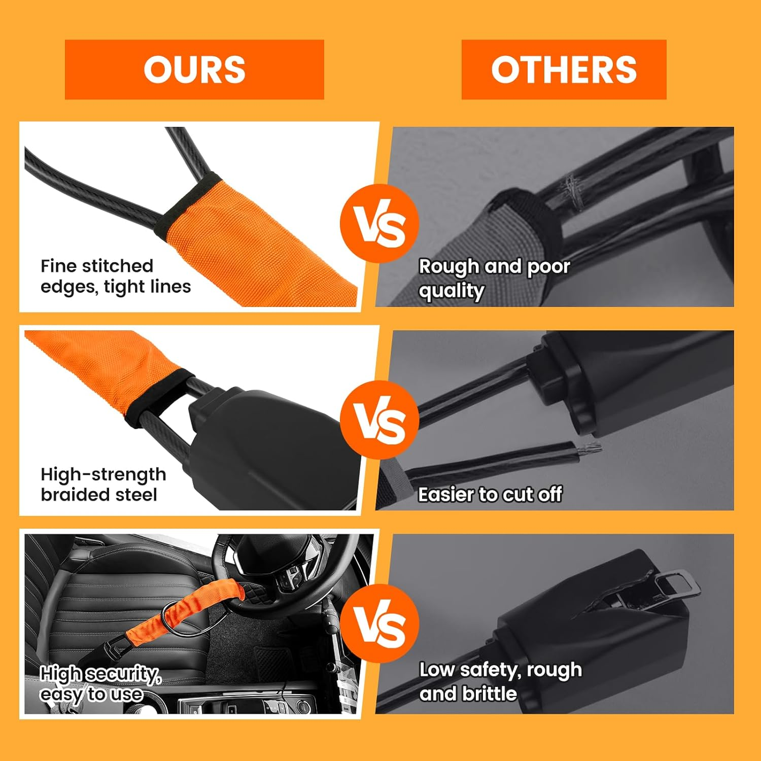 Auto Security Lock, Steering Wheel Lock Car Lock Rope with 3 Keys, Anti-Theft Car Seat Belt Lock, Orange