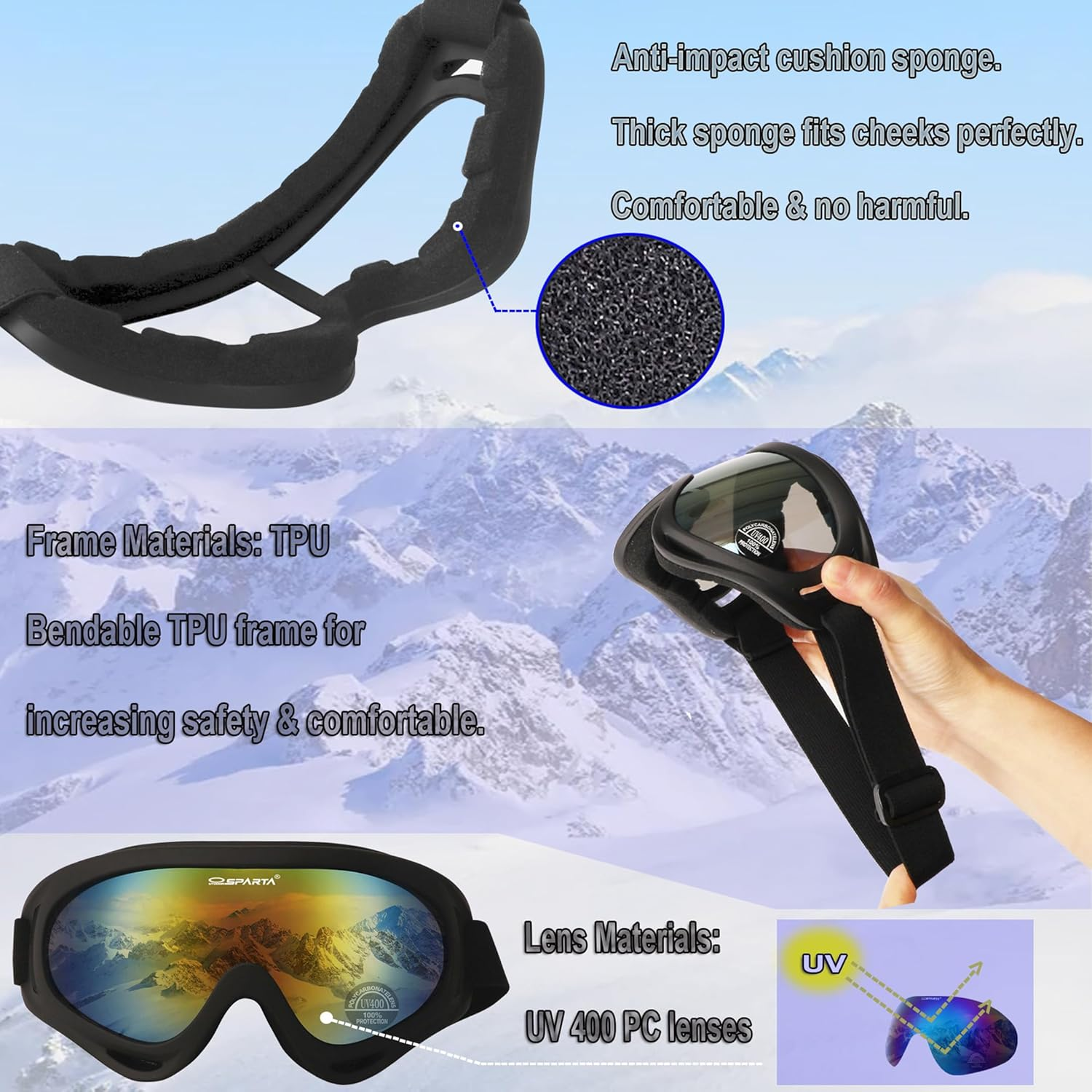 OUTDOOR SPARTA 2-Pack Ski Snow Sports Snowboarding Goggles Motocycle Goggles Cycling Glasses for Men Women Youth Boys Girls image number 5
