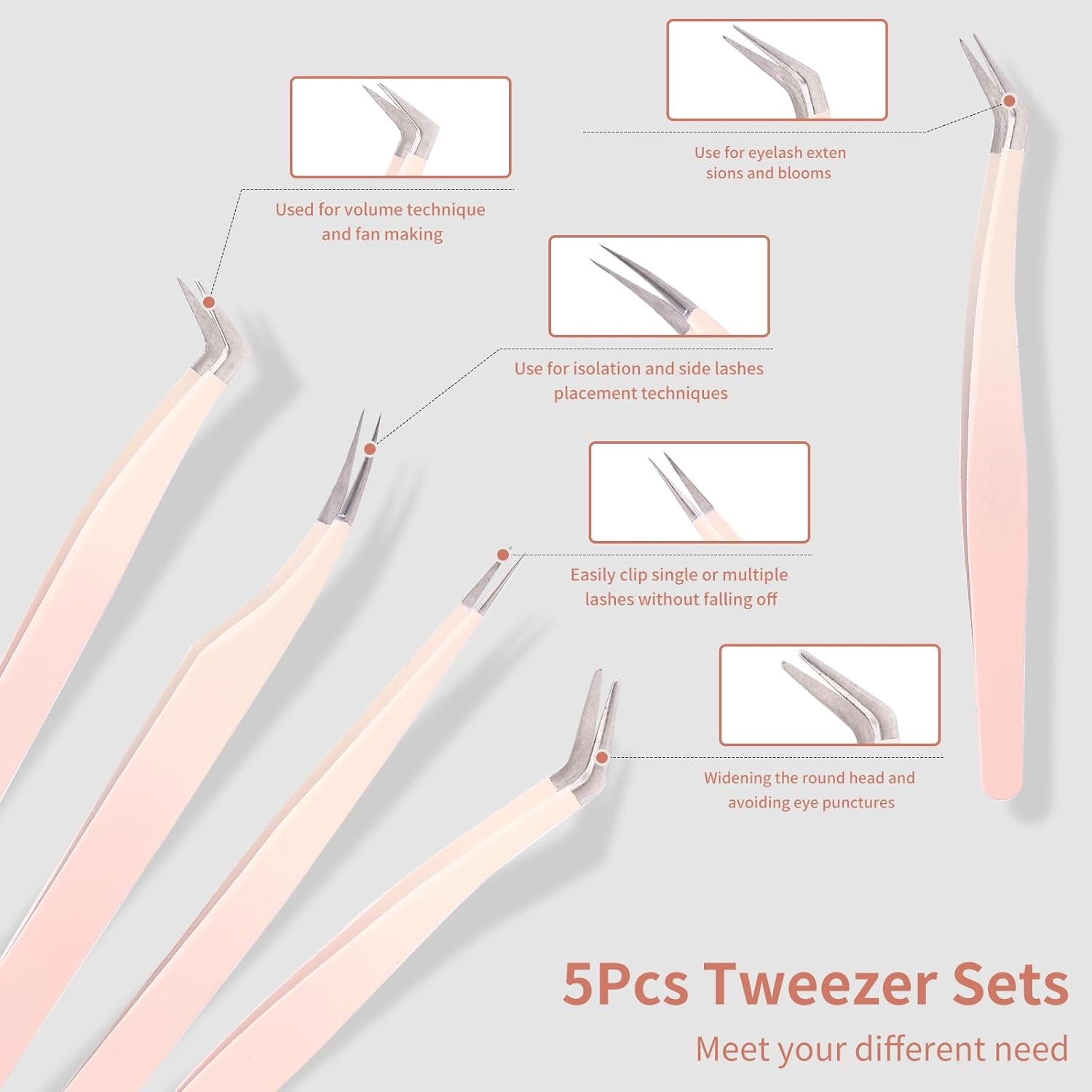 Rnodoilkfly 5 Pcs Lash Extension Tweezers, Lash Tweezers for Eyelash Extension, Straight and Curved Eyelash Tweezers, for Professional Eyelash Extension Artists, Girls, Women, Beginners image number 3