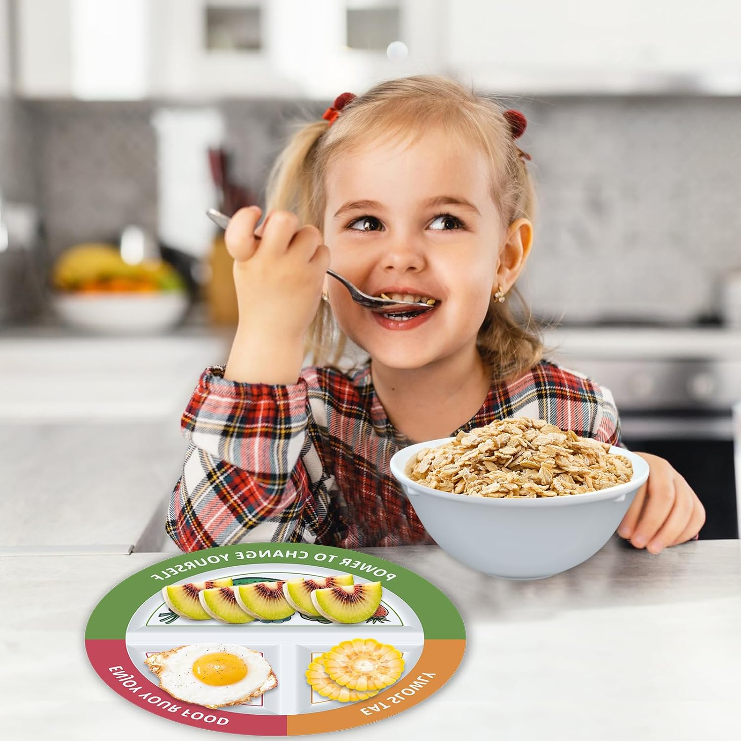 Viynran 4 Pcs Portion Control Plates & Bowls Set (9 Inch), Self-Measuring for Weight Loss, Gastric Bypass, Lapband, Diabetes, & Healthy Diets, Divided Nutrition Plates for Adults & Children image number 5