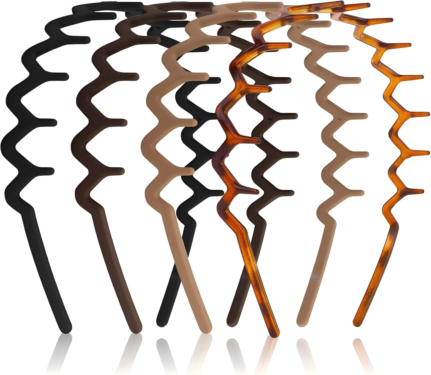 Set of 4 Zig Zag Headbands, Recycled Plastic Wavy Toothed Hair Band, Tooth Comb Hairband Wavy Zigzag Headband for Women and Men, Classic 90S Hair Hoop Accessories (Black + Brown + Khaki + Coffee) image number 2