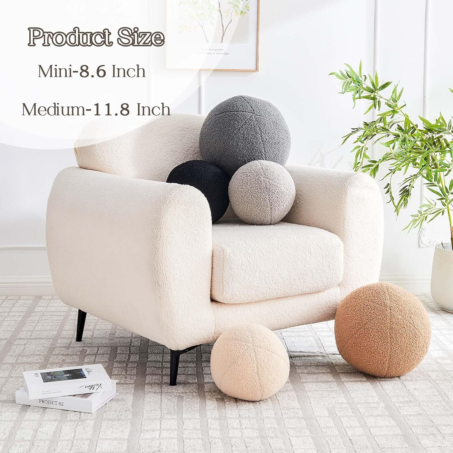 Uvvyui Beige Sphere Boucle Plush Pillow Cushion, Soft Decorative Throw Pillow, 11.8 Inch Sphere Pillow for Couch, Sofa, Bedroom image number 4