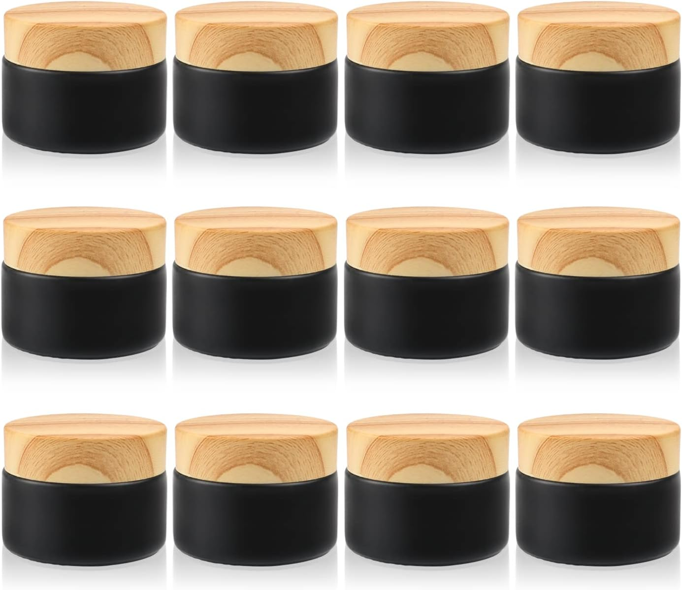 Dmuuudm 12 Pcs 1 Oz Frosted Cream Jar,Empty Refillable Glass Cosmetic Container Jars Holder with Inner Liner,Wood Grain Lid for Moisturizer,Foundation,Lotion,Ointment-Black image number 2