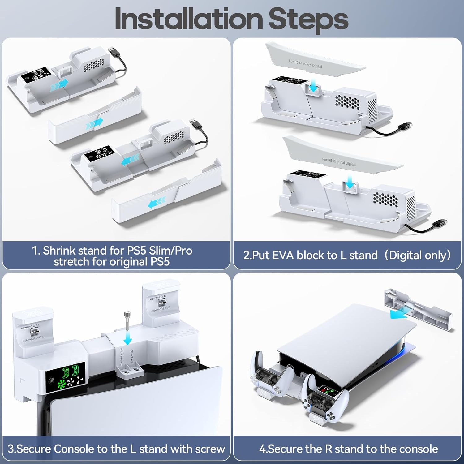 PS 5/Slim/Pro Horizontal Stand with Cooling Fan & PS 5 Controller Charger for Original & Edge Controllers, P S5 Cooling Stand with Scalable Design & EVA Foams for All P S5 Disc & Digital Console, White image number 4