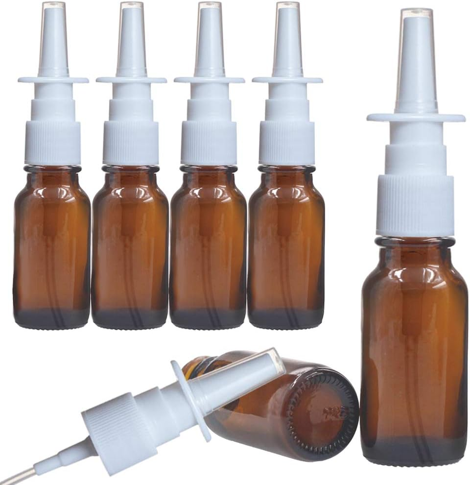 6 Pcs (20Ml/0.67Oz) Amber round Empty Glass Nasal Spray Bottle with Press Spray Head Refillable Portable Fine Mist Sprayers Containers Pot Travel Sub Bottling for Colloidal Silver Saline image number 2