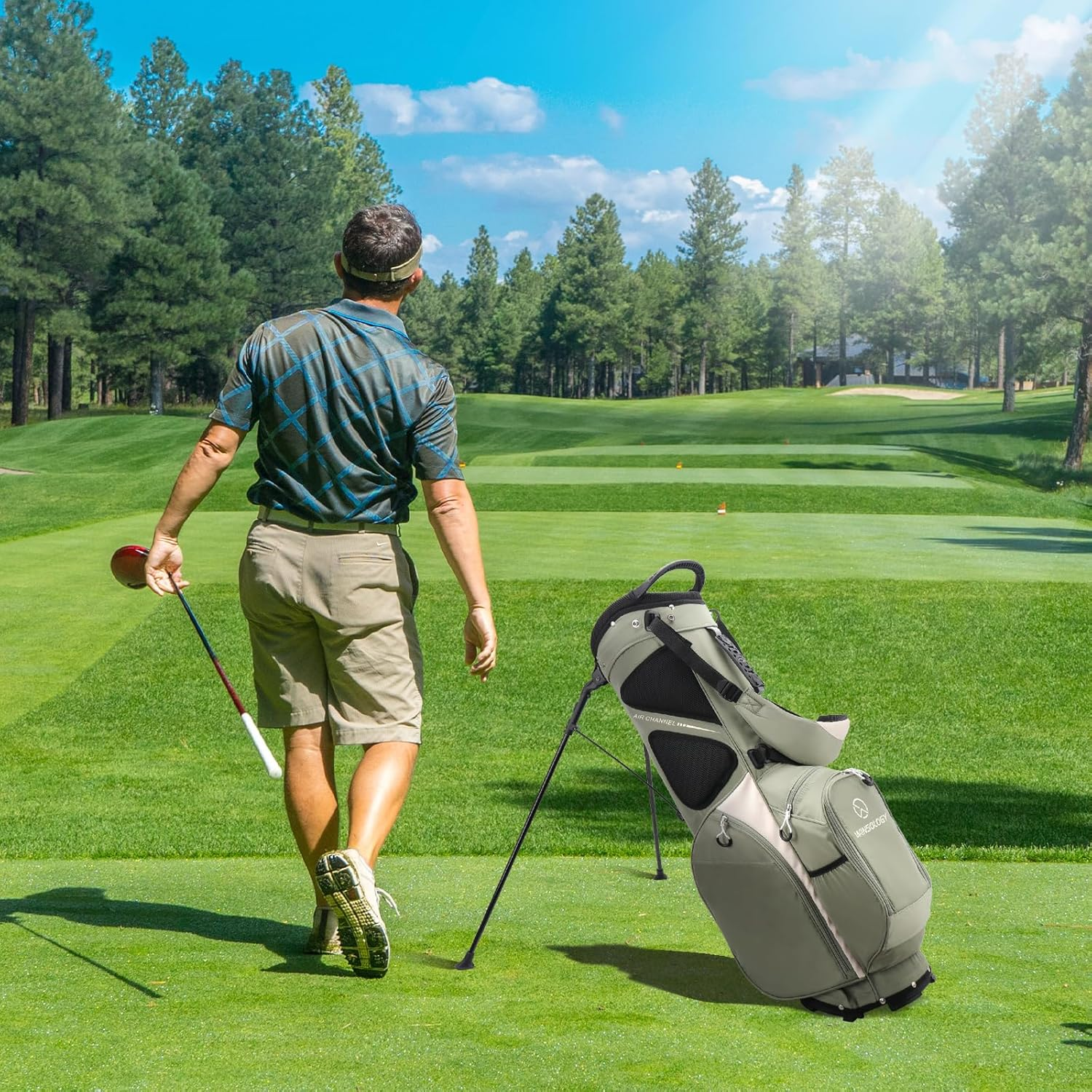 T WINSOLOGY Golf Bag for Men Travel Club Stand Ball Cart Support Pole Vessel Pouch Camo Stand Gifts Airlines for Women,Womens Double Shoulder Straps Lightweight Golf Bag Organizer Storage. - Sage Grey/Cream image number 4