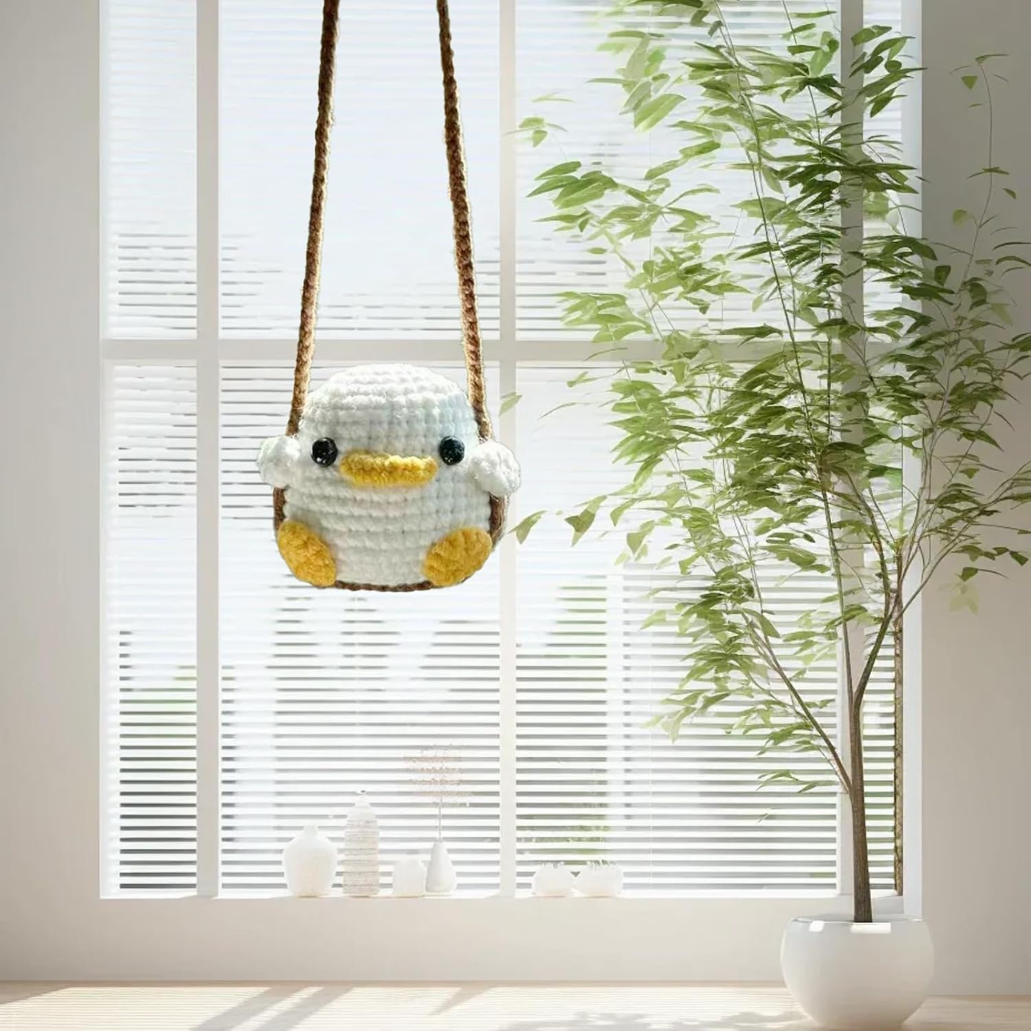 Crochet Swinging Duck Car Mirror Hanging Accessories, Cute Car Decorations for Women Aesthetic, Handmade Knitted Rearview Mirror Accessories Crochet Duck Home Office Decor Ornaments - Chicken image number 3