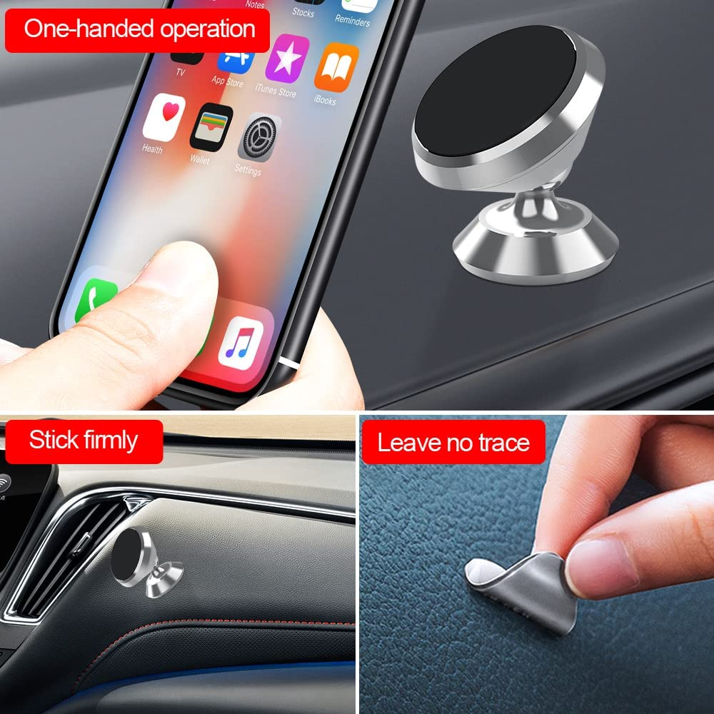[3 Pack] Magnetic Phone Car Mount with Black Metal Plates,Tiqus Car Sturdy Stick-On Cell Phone Holder Car Built-In Amazing Strong Magnets, Hands Free Magnetic Car Phone Holder Mount with Strong Adhesive Mounting Silver