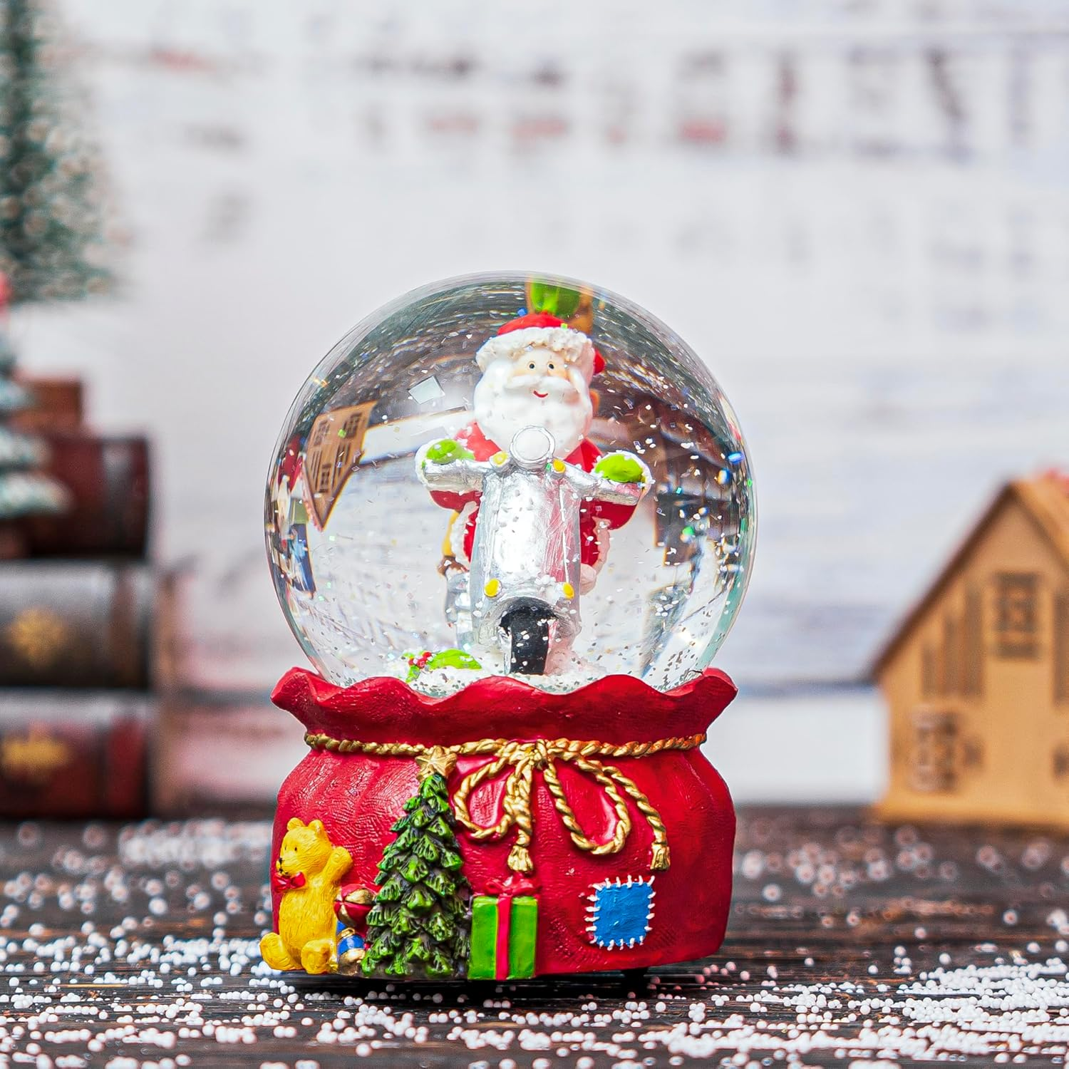 Snow Globes Glitter Water Globe Decoration Musical Snow Globes Decor Plays We Wish You a Merry Christmas, 100Mm, Santa Riding a Motorcycle