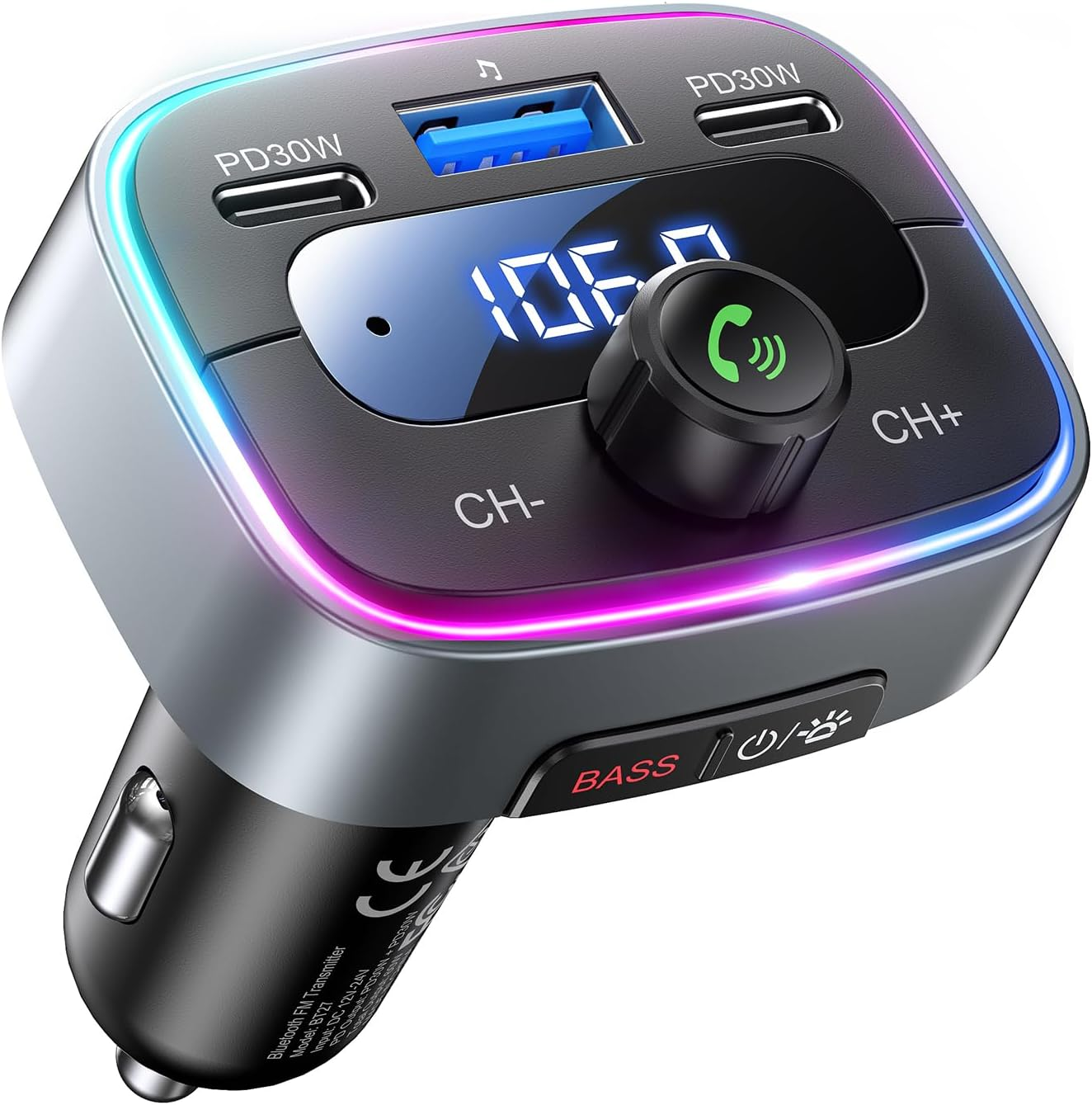 LENCENT Bluetooth 5.4 FM Transmitter Car Bluetooth Adapter, 60W PD 30W Dual USB-C Fast Charge, Car Music Adapter, Hands-Free Calling, 7-Colour LED Backlight and USB Stick image number 5