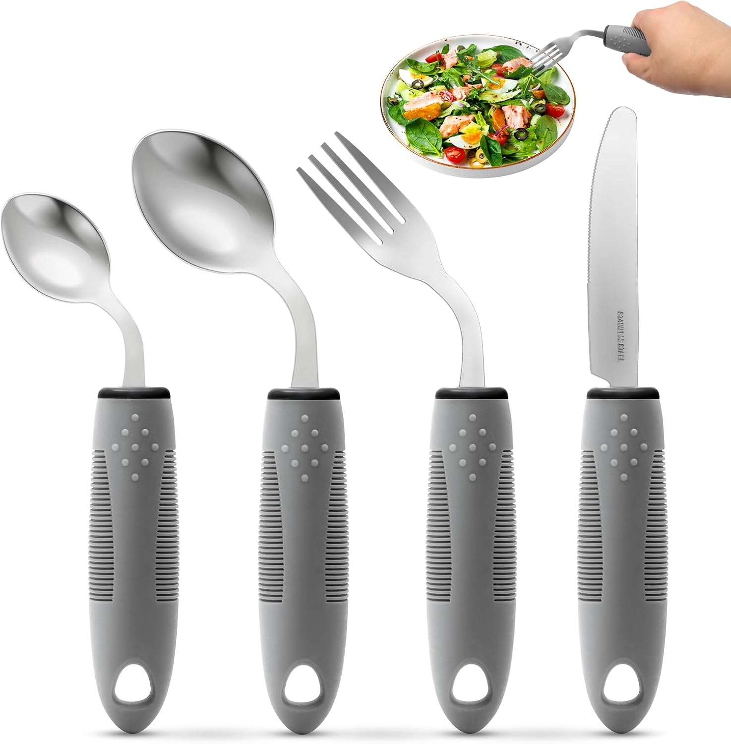 4-Piece Adaptive Utensils Set for Parkinson&rsquo;S & Hand Tremors &ndash; 42&deg; Angled, 2.5 Oz Weighted Silverware &ndash; Easy-Grip Utensils for Seniors & Arthritis (Fork, Knife, Spoon)