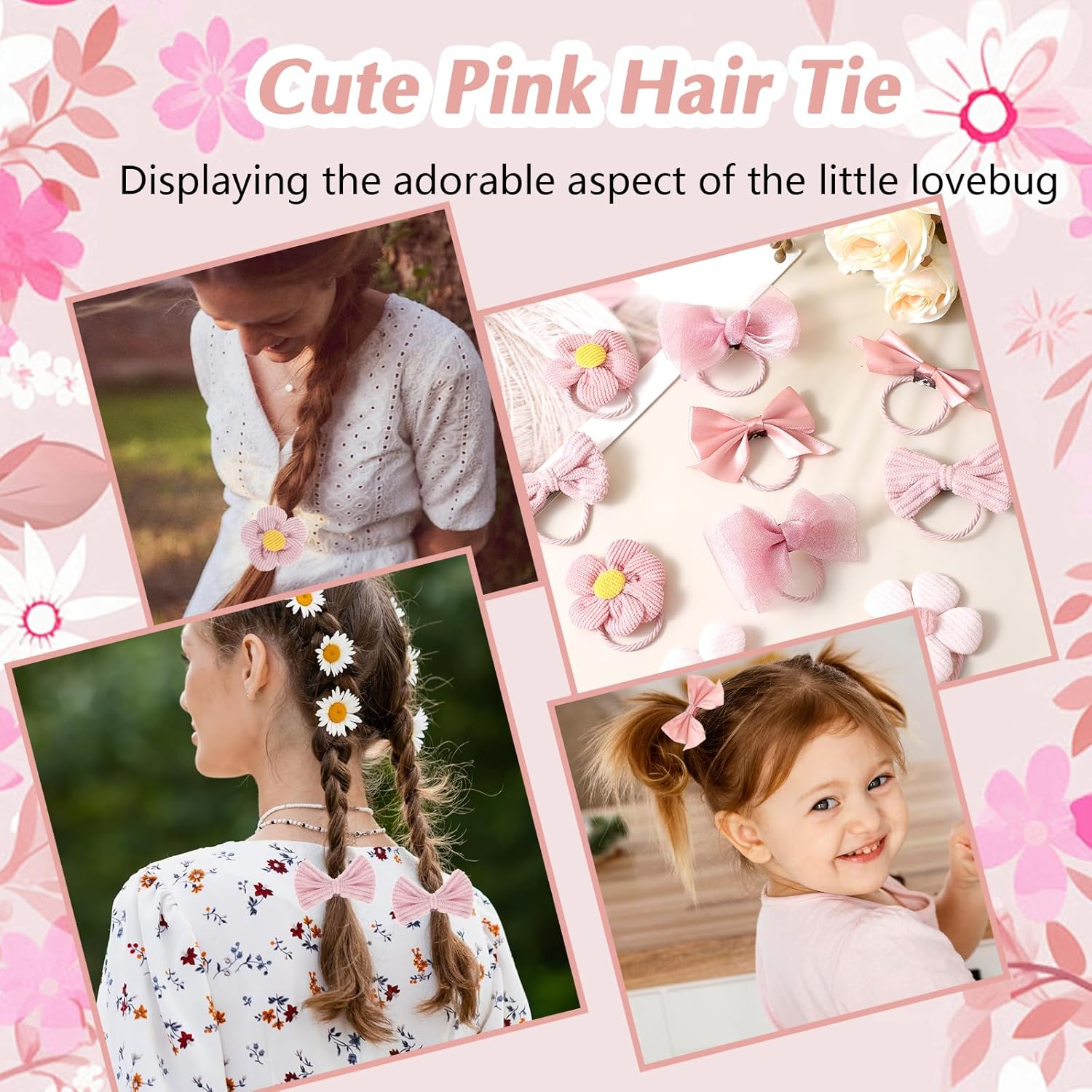 Pack of 10 Cute Hair Bobbles with Bow, Pink Elastic Hair Bands, Cute Flower Hair Scrunchies for Baby Girls, Toddlers, Accessories