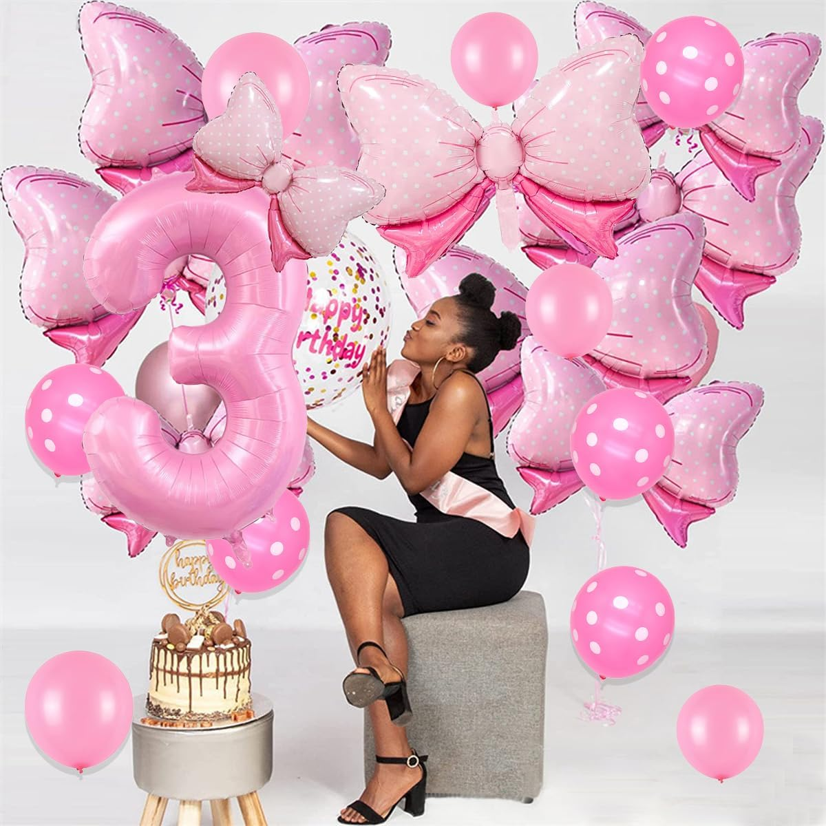 Pink Birthday Balloons, Bow Balloons Number 3 Balloon 40 Inch, 3 Balloon Number for Pink Birthday Decorations, 3Rd Birthday Decorations for Girl image number 4