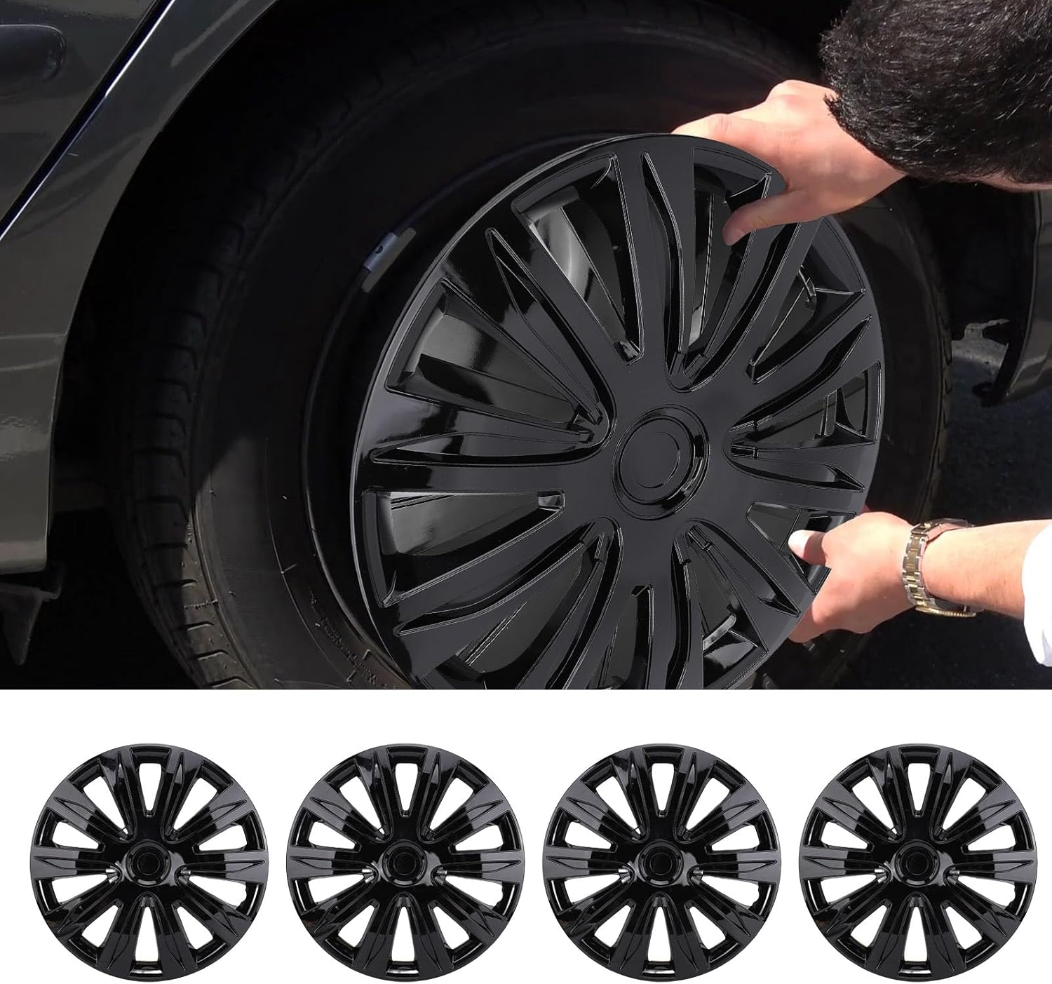 16 Inch Wheel Hub Cap, 4Pcs Universal Fit for Steel Wheels with Design ABS Plastic Durable Rim Cover Car Truck SUV (Black) - Black image number 5