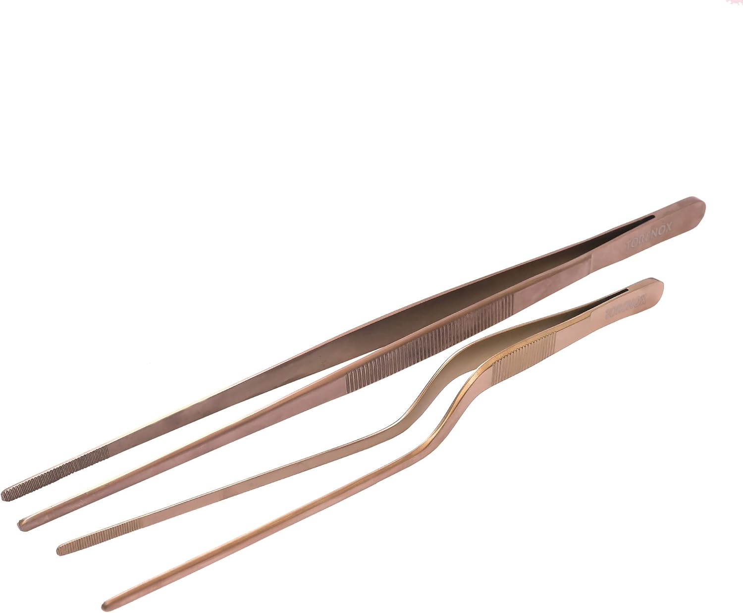 Kitchen Tweezers 10 Inch Straight and 8 Inch Offset - Culinary Precision Tongs Professional Kitchen Long Tweezers Set of 2 Pieces - BBQ, Plating, Multi-Use