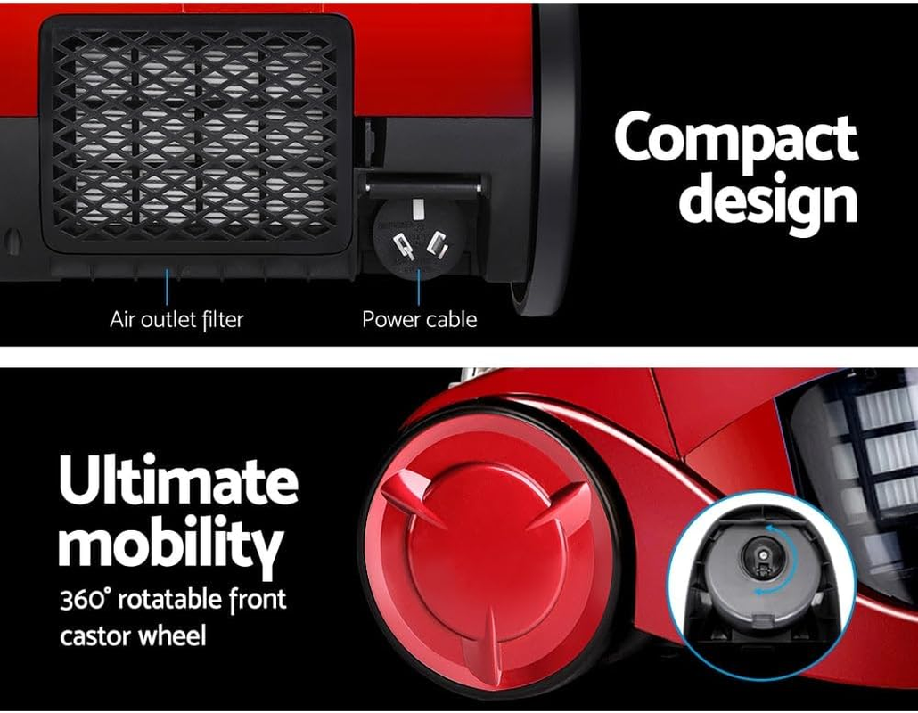 Devanti Vacuum Cleaner Strong Suction Handheld Hand Held Vacuums Bagless 2200W Cyclone Cyclonic Car Cleaners Home Red Compact Dustbuster Sweeper Dust Buster Portable for Car Stairs - Red image number 6