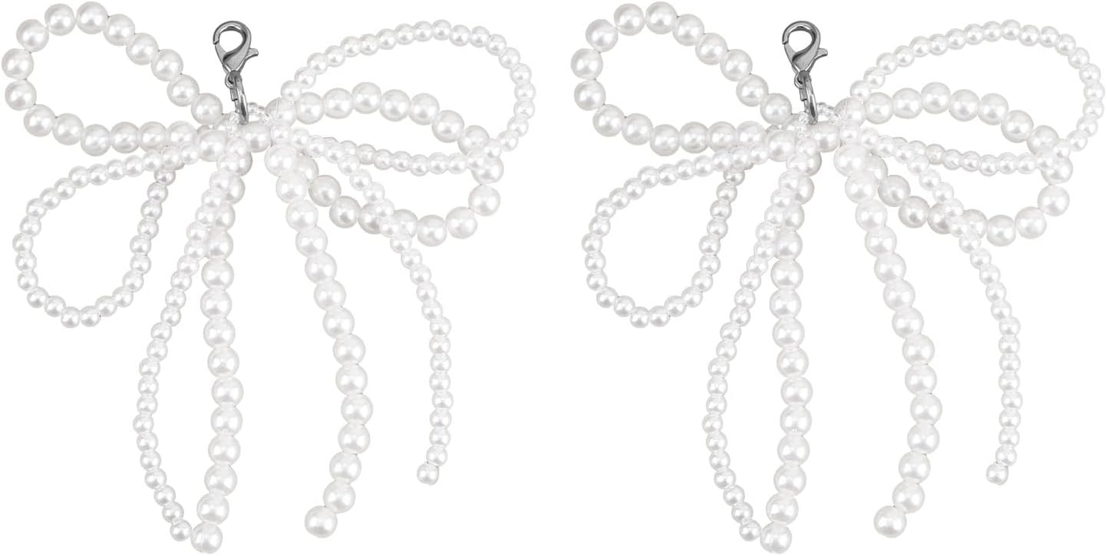 2 Pcs Pearl Bow Shoes Charm, Pearl Bowknot Keychain for Purse Shoe Decoration Cute Keychain for Women Key Ring Accessories for Shoes Clothing Sneakers Bag Shoelace, White image number 6