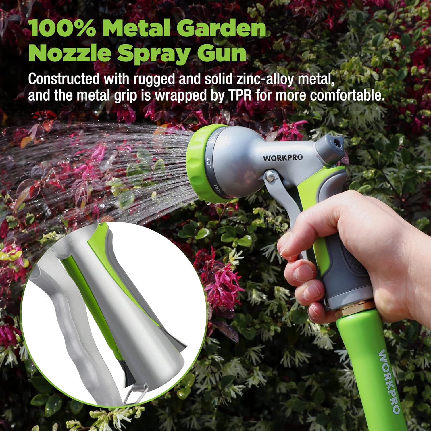 WORKPRO Garden Hose Nozzle, High Pressure Water Hose Sprayer with 8 Adjustable Watering Patterns & Thumb Control Design, Garden Metal Nozzle Heavy Duty in Garden for Cleaning, Watering, Washing image number 3