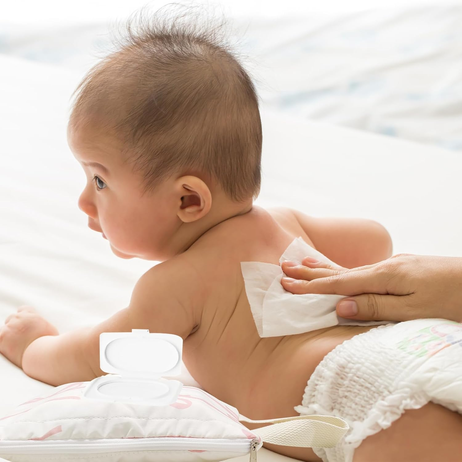 AGLOO Bow Baby Wipes Dispenser - Portable Wet Tissue Storage Bag for Travel, Refillable Diaper Wipe Holder for Car and Stroller &ndash; Reusable Hanging Wet Wipe Pouch (Pink-White) image number 3