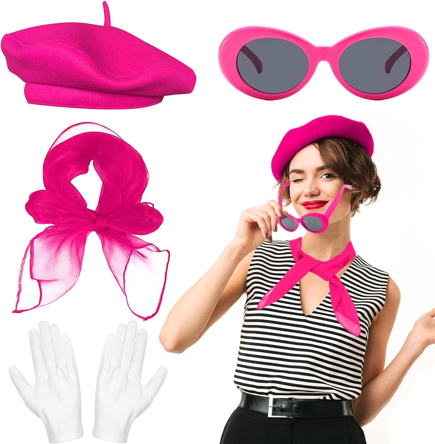 French Women Fancy Dress Costume Accessories Set French Artist Mime Kit with Red Beret Scarf Sunglasses Gloves for Women Girls Cosplay Party Supplies School Dress up Day image number 5