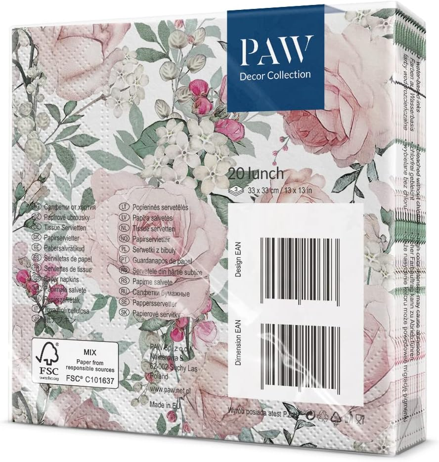 Paw Lunch Napkin Pack of 20, Gorgeous Roses, 33 X 33 Cm image number 4