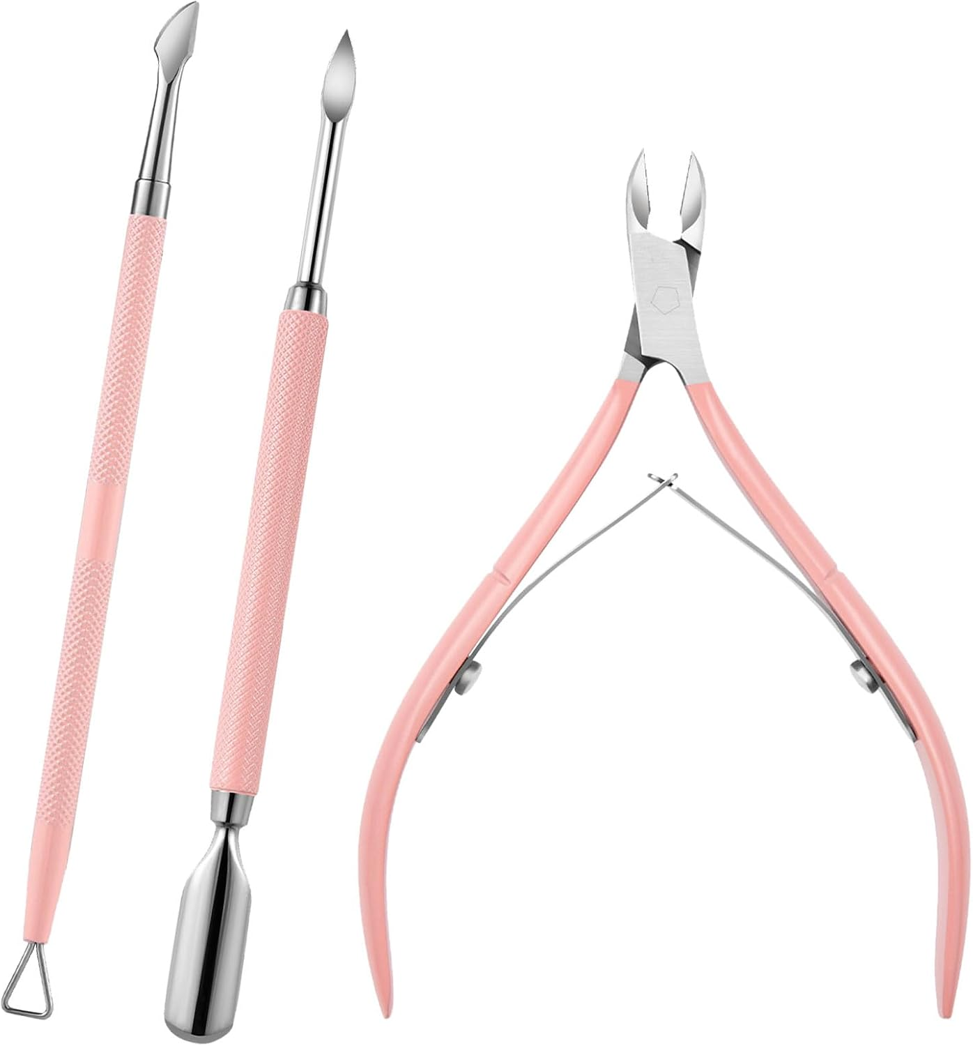 Cuticle Trimmer with Cuticle Pusher and Cutter - 3 PCS Pink Professional Pedicure Manicure Tools with Stainless Steel Dual End Pusher, Nail Scraper for Fingernails Toenails image number 1