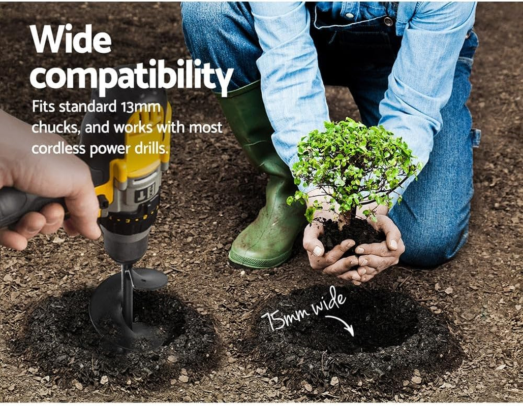 Giantz Auger Drill Bit, 75 X 300/600Mm Garden Augers Drills Spiral Earth Planter Post Hole Digger Bulb Plant Power Tool Accessories Flower Gardening Tools for Planting, High Duty Solid Steel Black