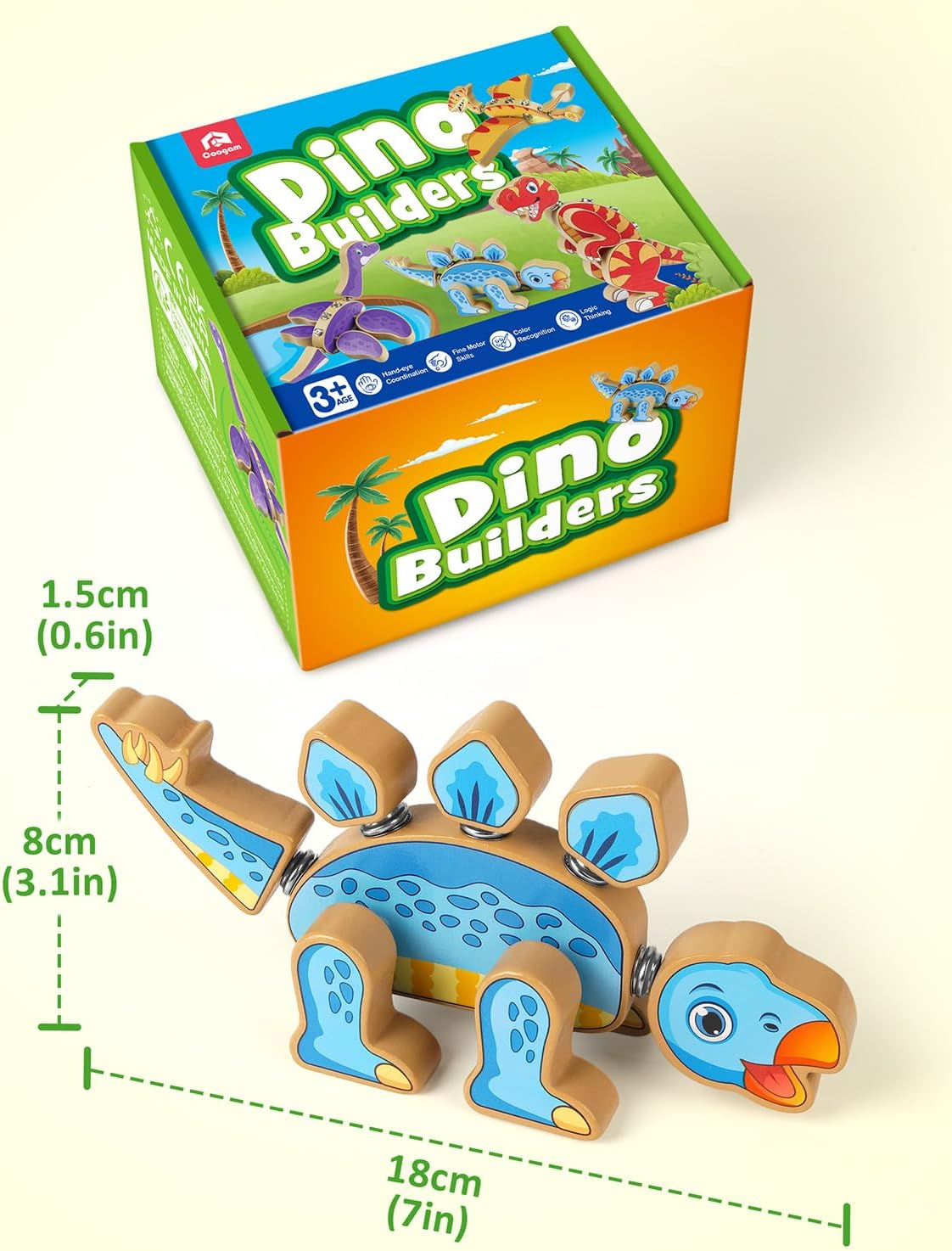 Coogam Dinosaur Building Block Set, Wooden Snap-Connection Dinosaur Builders, STEM Take Apart Dino Playset, Fine Motor Skill Educational Learning Toy Gift for 3 4 5 Years Old Kids image number 3
