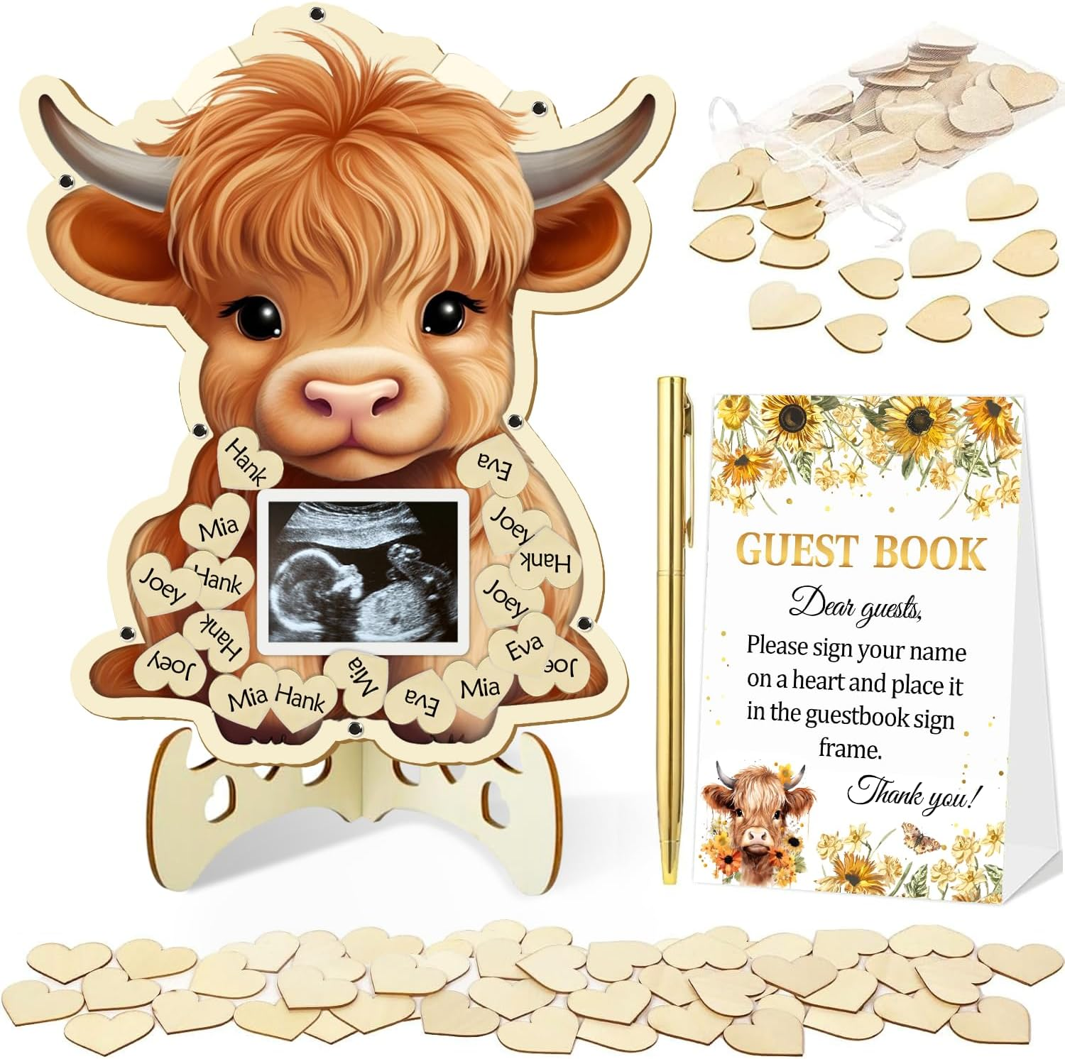 65 Pcs Highland Cow Baby Shower Decorations Guest Book, Baby Shower Guest Book Alternatives with Photo Frame, 60 Wood Slices Cow Baby Shower Guest Book for Boys Grils Baby Shower image number 1