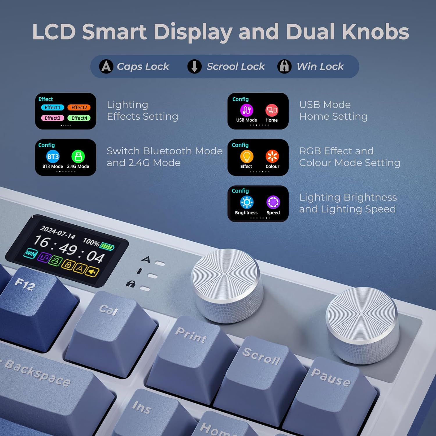 RK ROYAL KLUDGE M87 Wireless Gaming Keyboard with Screen and Dual Knob, 75% Percent 2.4Ghz/Bluetooth/Usb-C Gasket Mechanical Keyboard with 7500Mah Battery, RGB Backlit Hot Swappable Cream Switch, Blue image number 3