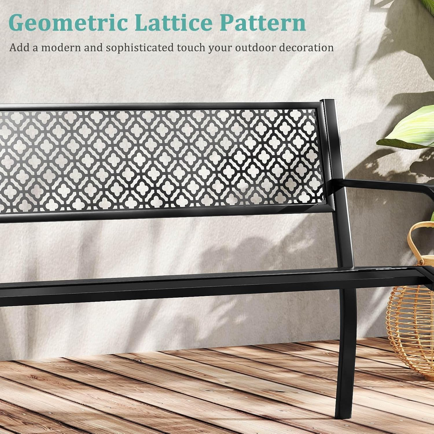 Costway 127 Cm Outdoor Garden Bench, Metal Patio Bench with Geometric Lattice Backrest, Armrests and Slatted Seat, Outdoor Loveseat Chair for Porch, Lawn and Yard (Black) image number 1