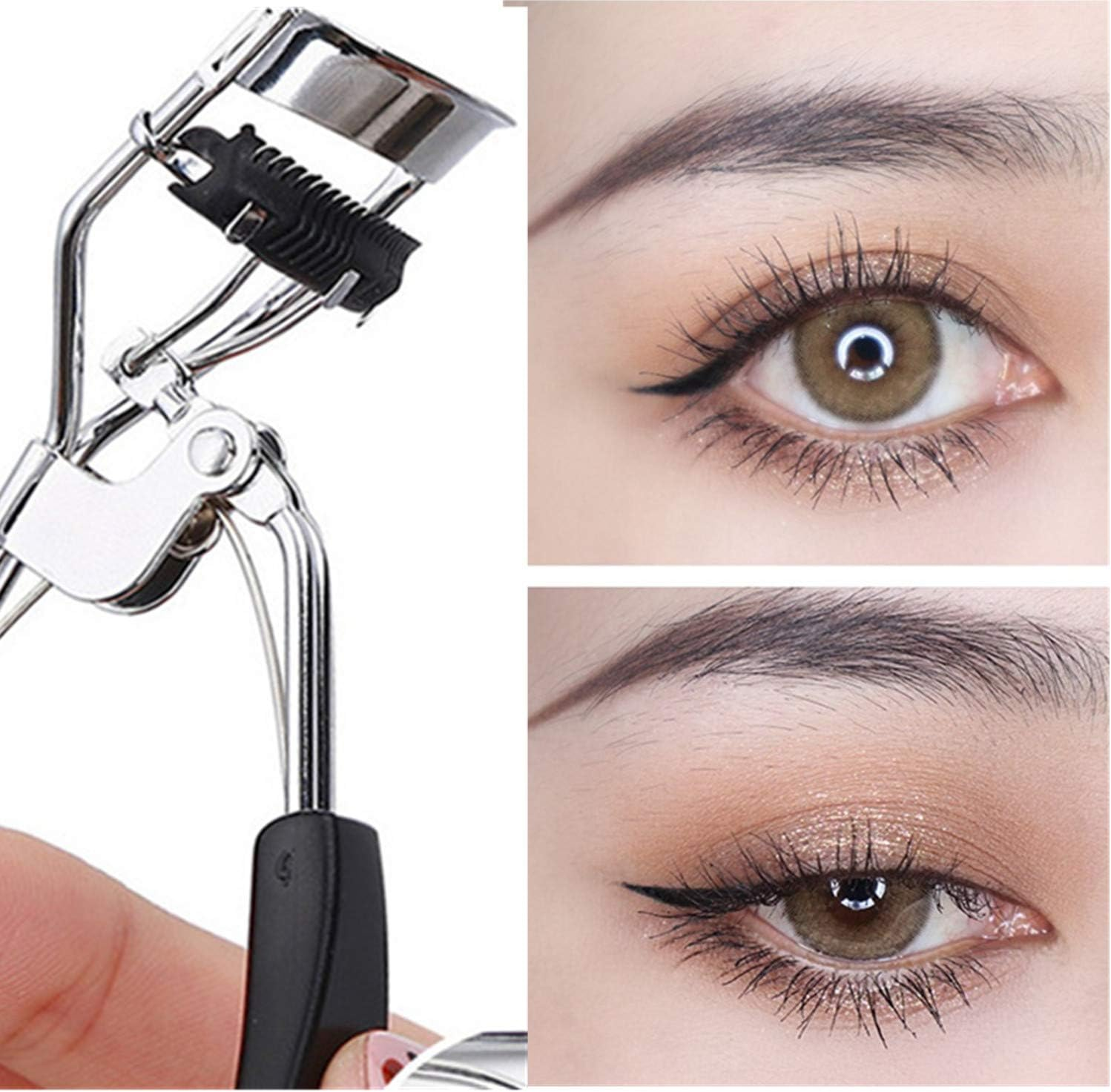 Stainless Steel Eyelash Curler with Built-In Comb Pinch Pain-Free Suitable for Any Eye Shapes and Sizes, with 5 Silicone Refill Pads (Black&Peach Heart) - Black image number 3